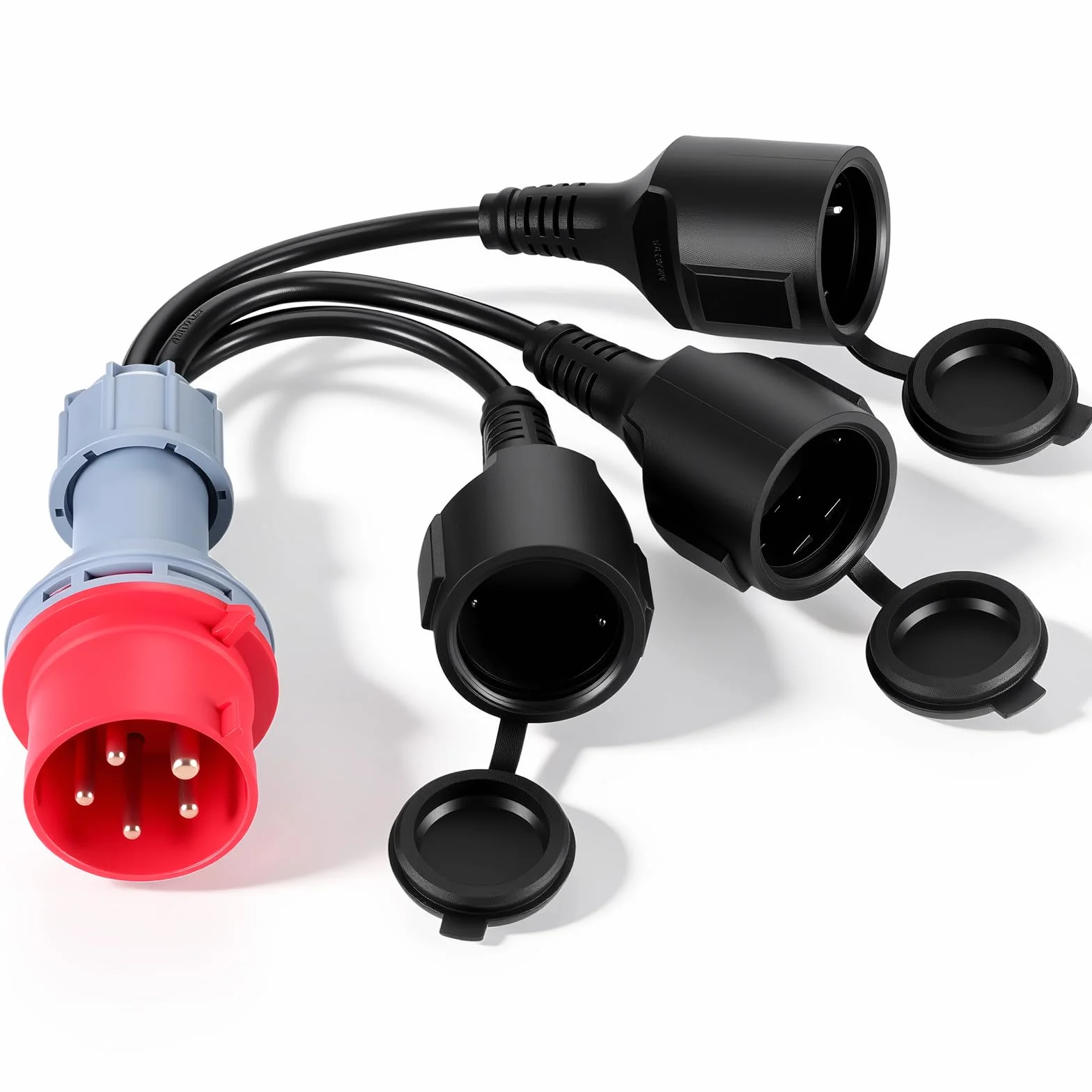 Adaptador CEE, Enchufe de 400V 16A a 3 X 230V Conector Schuko, Adaptador CEE con Tapa Abatible y Enchufe con Contacto de Seguridad, Cable Enchufe IP44 para Camping Caravanas, Industria y Exteriores