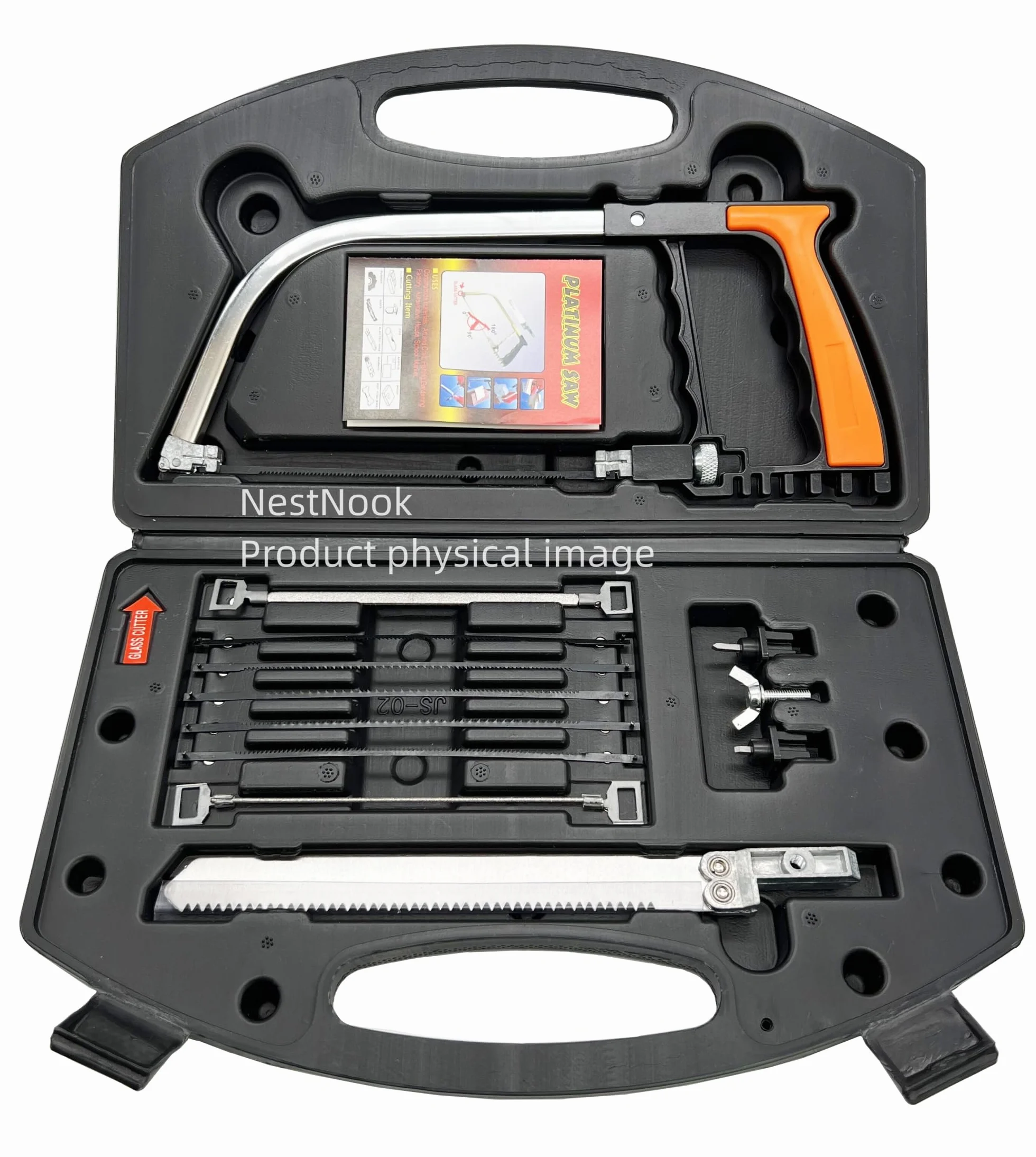 NestNook 13 en 1 - Juego de sierras de metal multifunción, hojas de acero adicionales, sierra de mano con bolsa de transporte para cortar madera, metal, plástico, tubos de PVC, goma, azulejos,