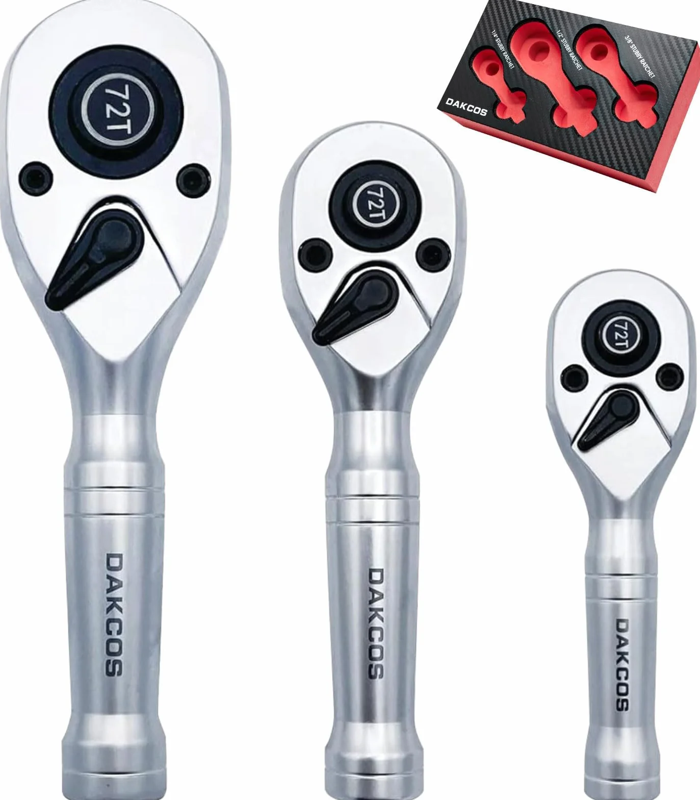 DAKCOS Juego de 3 Mini carracas Llaves de trinquete reversibles 1/4" 3/8" 1/2", Carraca giratoria de 72 Dientes, CR-V