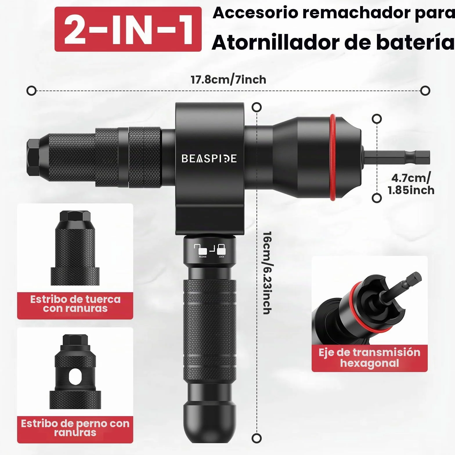Adaptador 2 en 1 para Remachadora para Taladro y Atornillador, Juego de Adaptadores Remachadora de Tuercas para Remaches 2,4-6,4 mm y Tuercas Remachadas M3-M12, accesorio profesional de remache