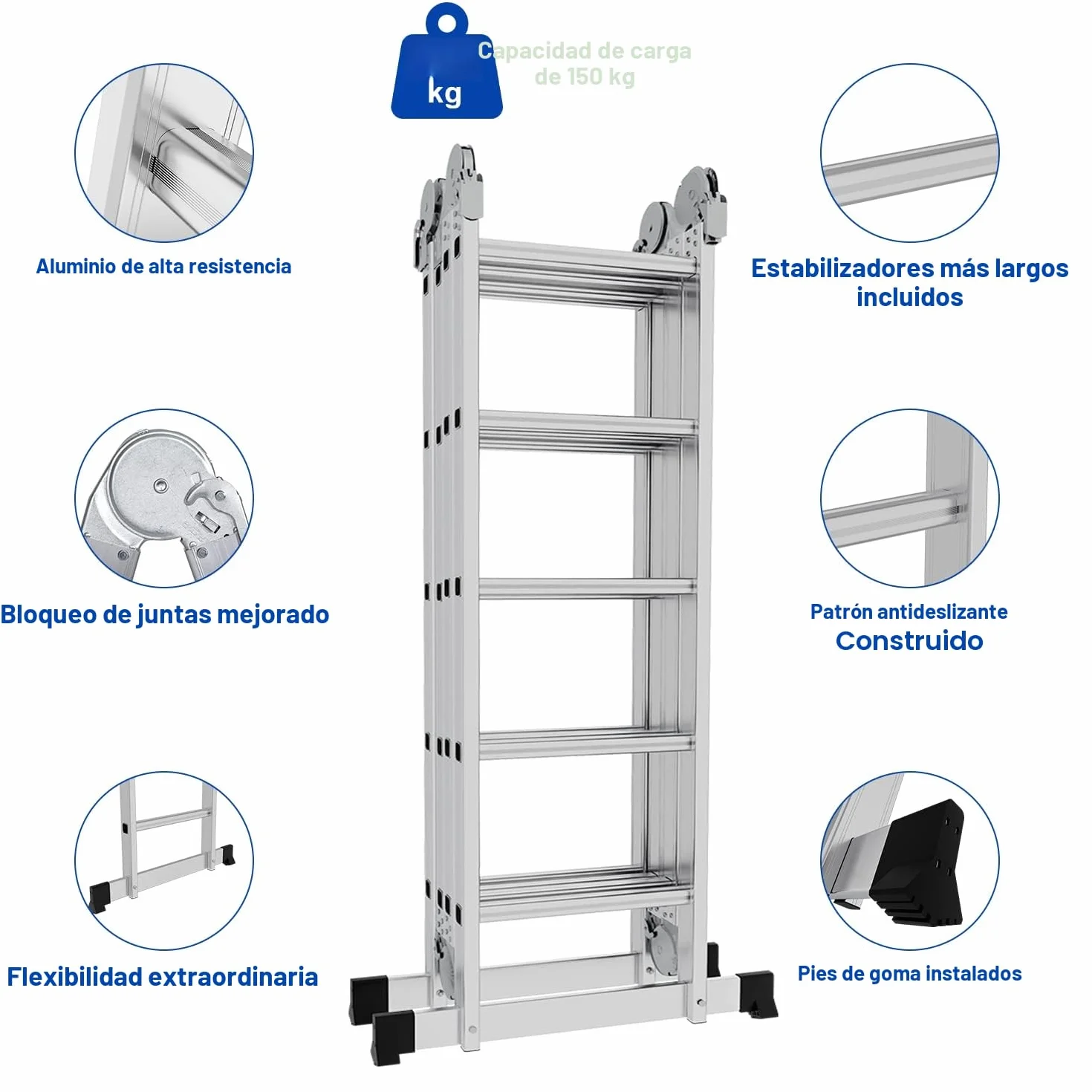 Escalera Multifunción de Aluminio 7 en 1 - 5,82 m, 4 x 5 Peldaños, 2 Placas de Andamios, 2 Ruedas - Plegable, de Trabajo, Doméstica - Hasta 150 kg