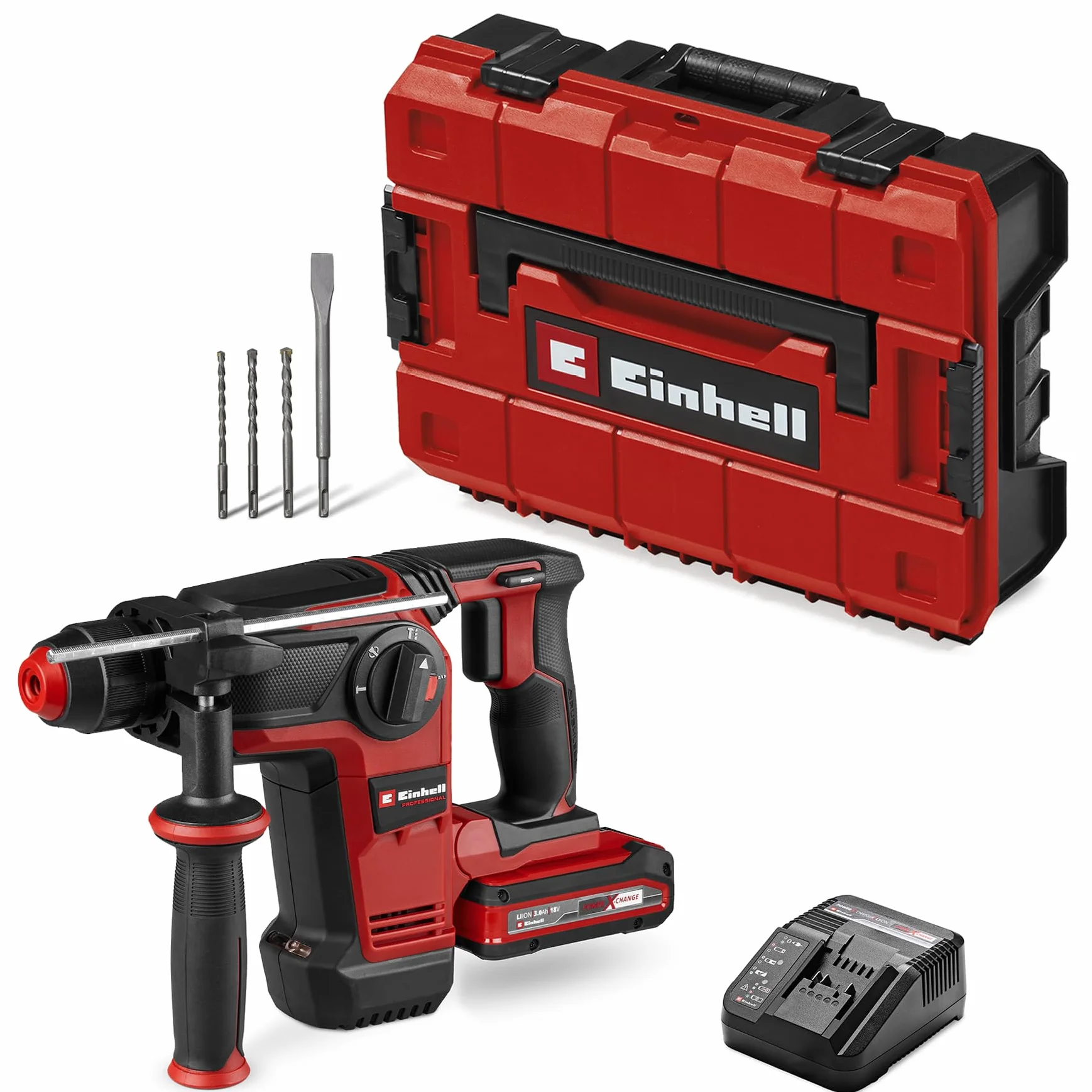 Einhell Professional Power X Change martillo perforador con batería TP-HD 18/28 Li BL +4 (1x3,0A+) (18 V, Brushless, 3 J, SDS-plus, 4 funciones, accesorios, incl. Batería 3,0 Ah Plus + cargador)