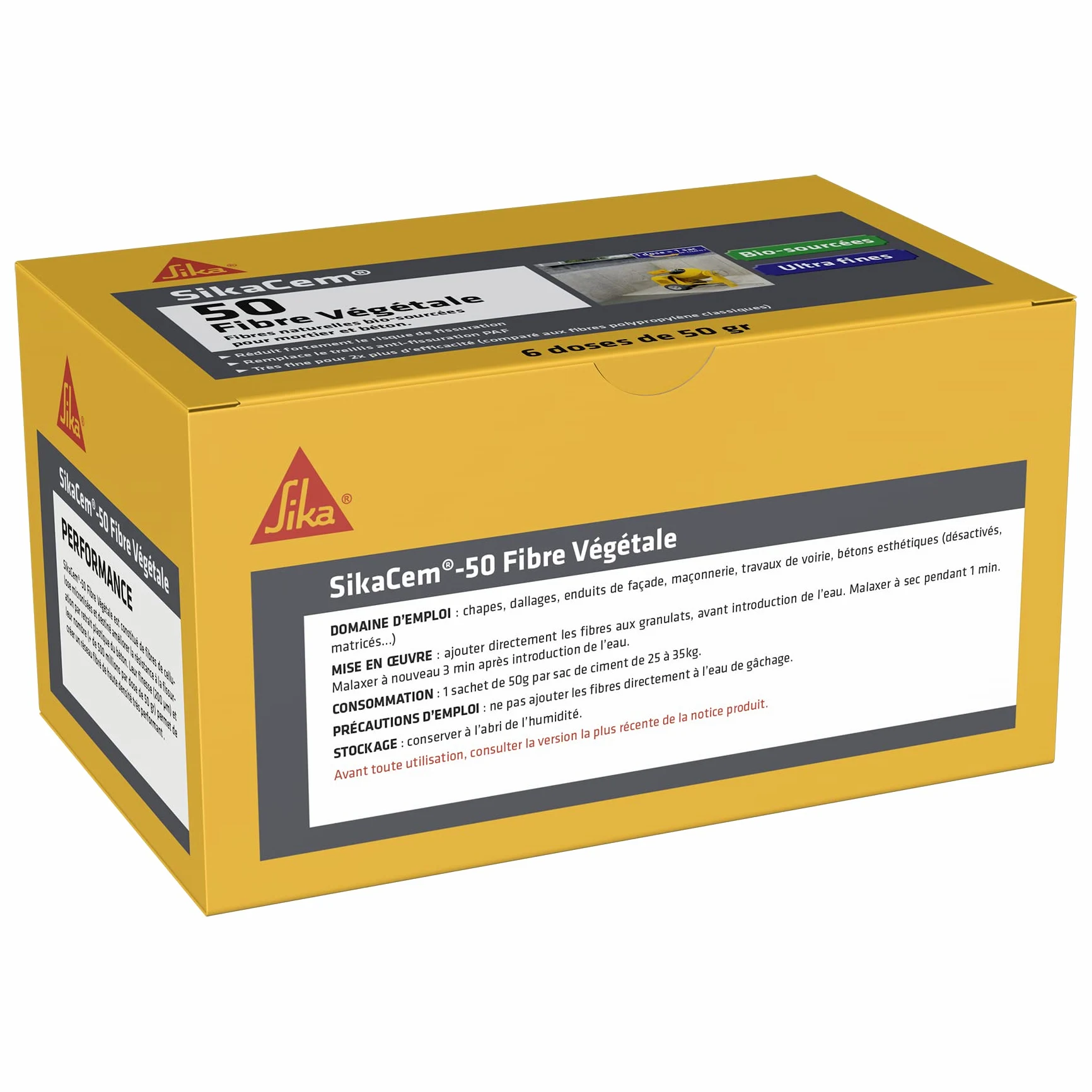 SIKA - SikaCem-50 Fibra Vegetal, Biosourced, Fibras Naturales Ultrafinas para una Mejor Dispersión y Antigrietas, para Solar, Mortero, Selladores y Hormigón, Caja de 6 Dosis = 1/2 M3 de Hormigón