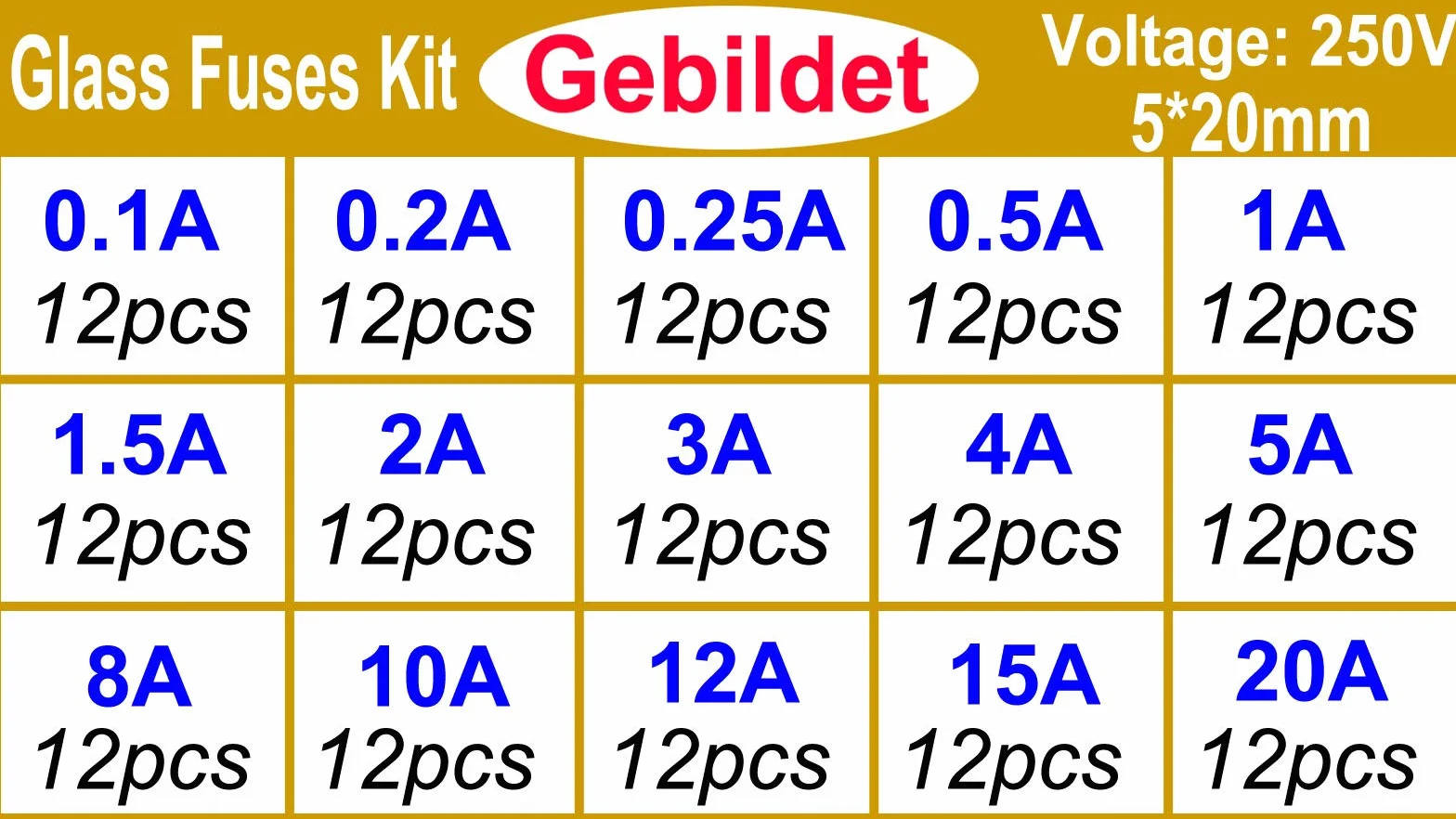 Gebildet Fusibles de Tubo de Vidrio 15 Valores 180pcs 5×20mm 250V