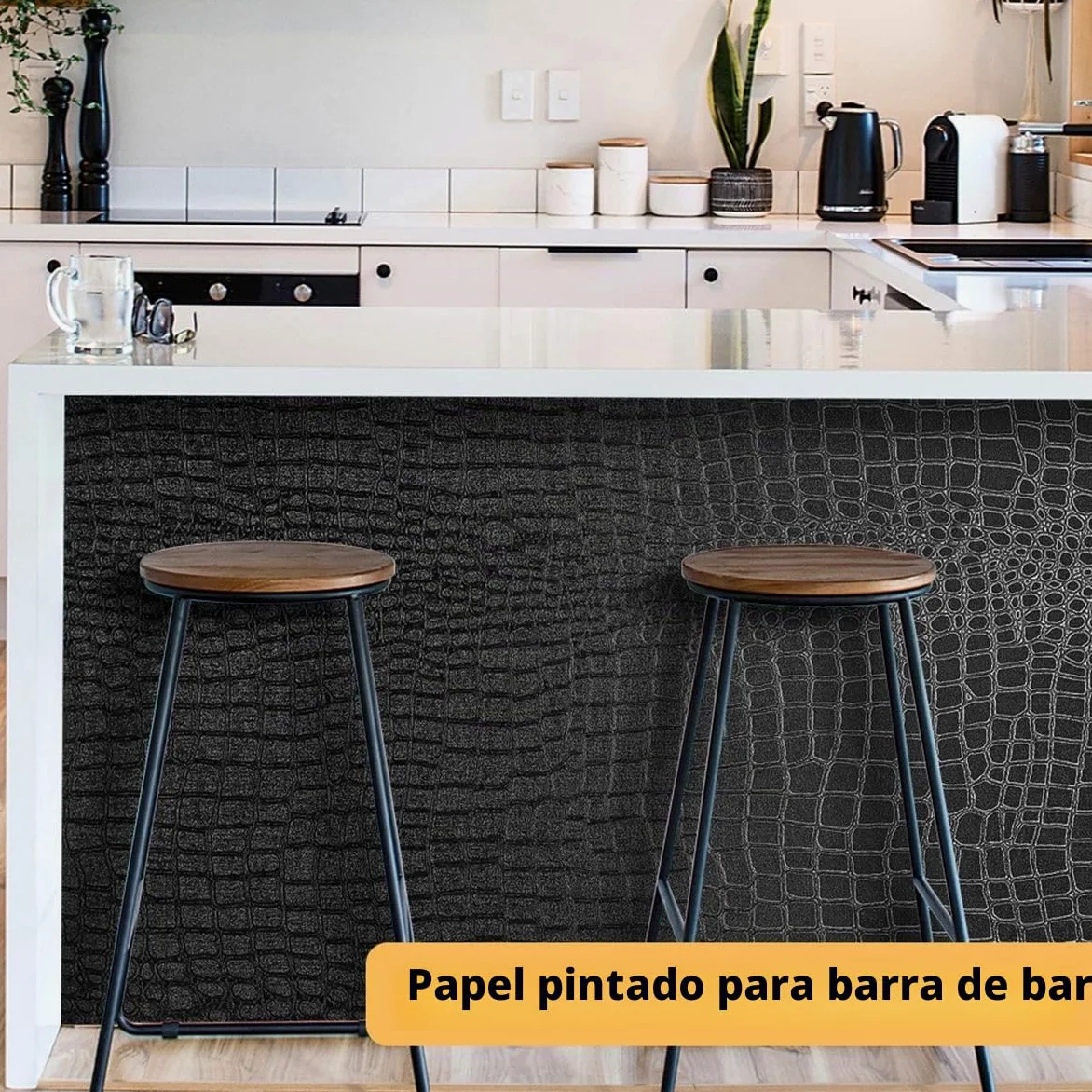 Arthome Autoadhesivo Papel Pintado Negro,44cmx10m Cocodrilo Texturado papel Vinilo Adhesivo Imitación Cuero Negro Impermeable Removible Piel de Cocodrilo para Muebles