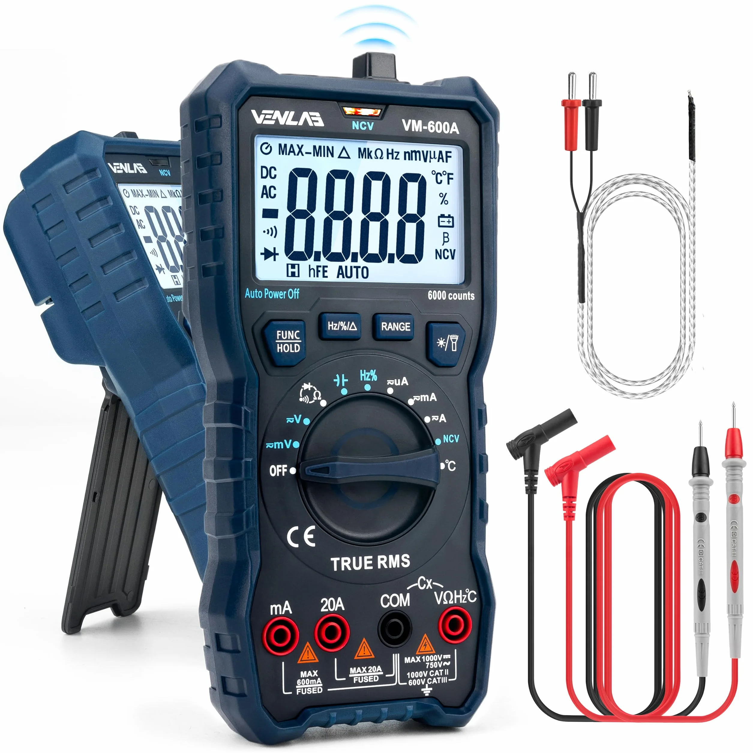 VENLAB Multímetro Digital TRMS 6000 Cuentas VM-600A Voltímetro CC/CA Resistencia Diodo Continuidad Capacitancia Temperatura
