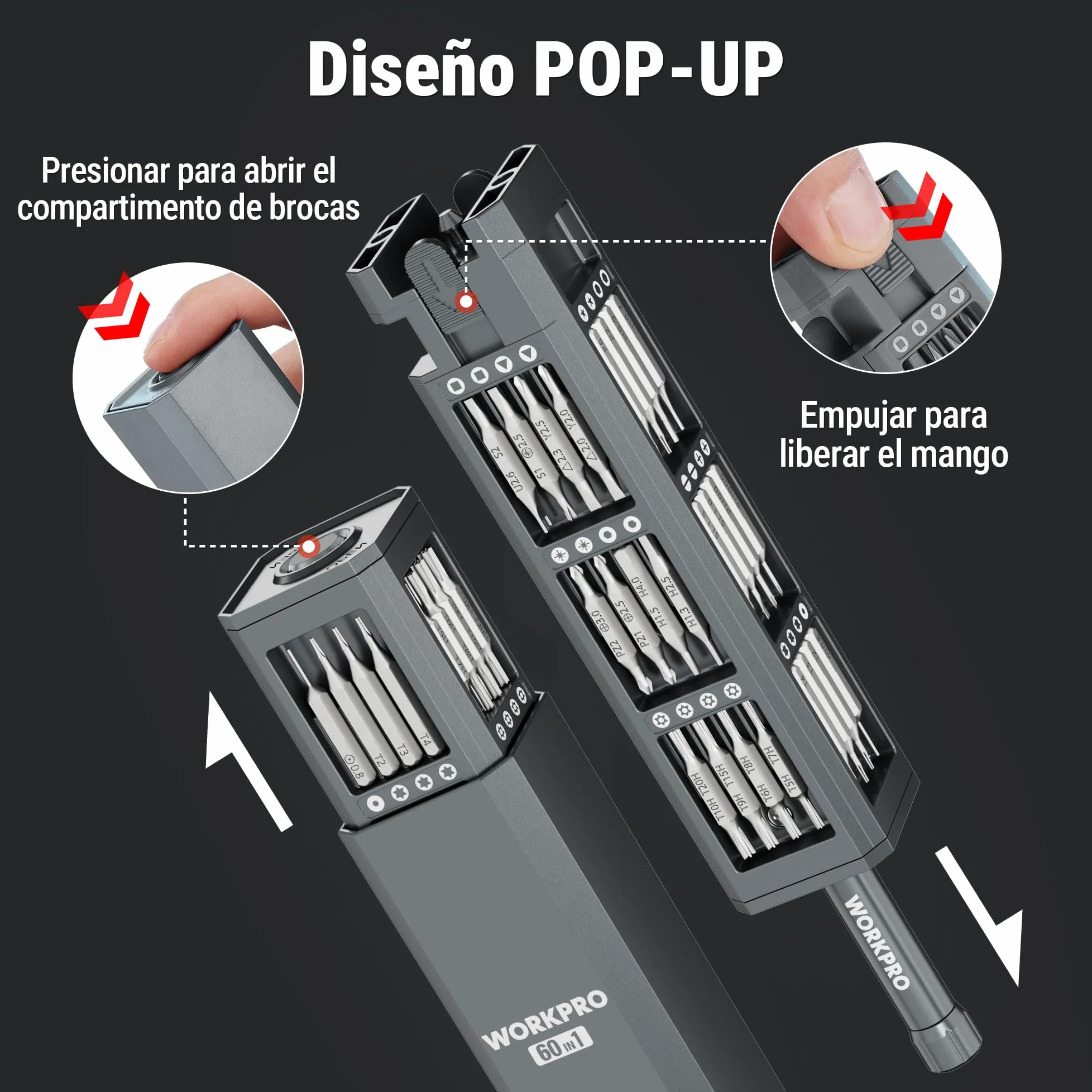 WORKPRO Destornilladores Precisión 60 en 1, Puntas Magnéticas CR-V | Estuche Compacto de Aluminio con Mango Giratorio para Reparar Electrónica, Gafas, Relojes y Móviles