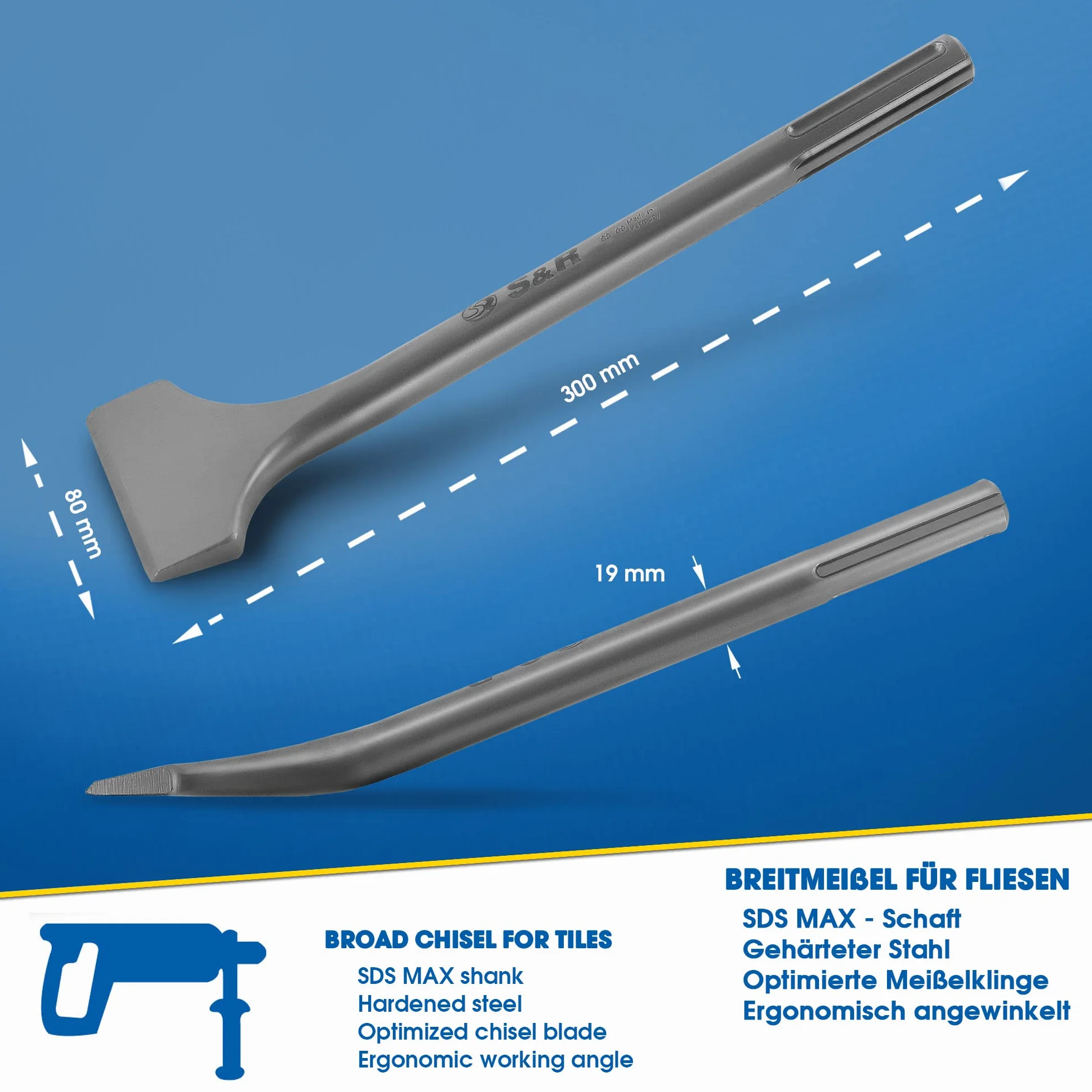 S&R Cincel SDS MAX baldosas 300 x 80 mm Calidad Industrial. Cincel ángulado MADE in GERMANY