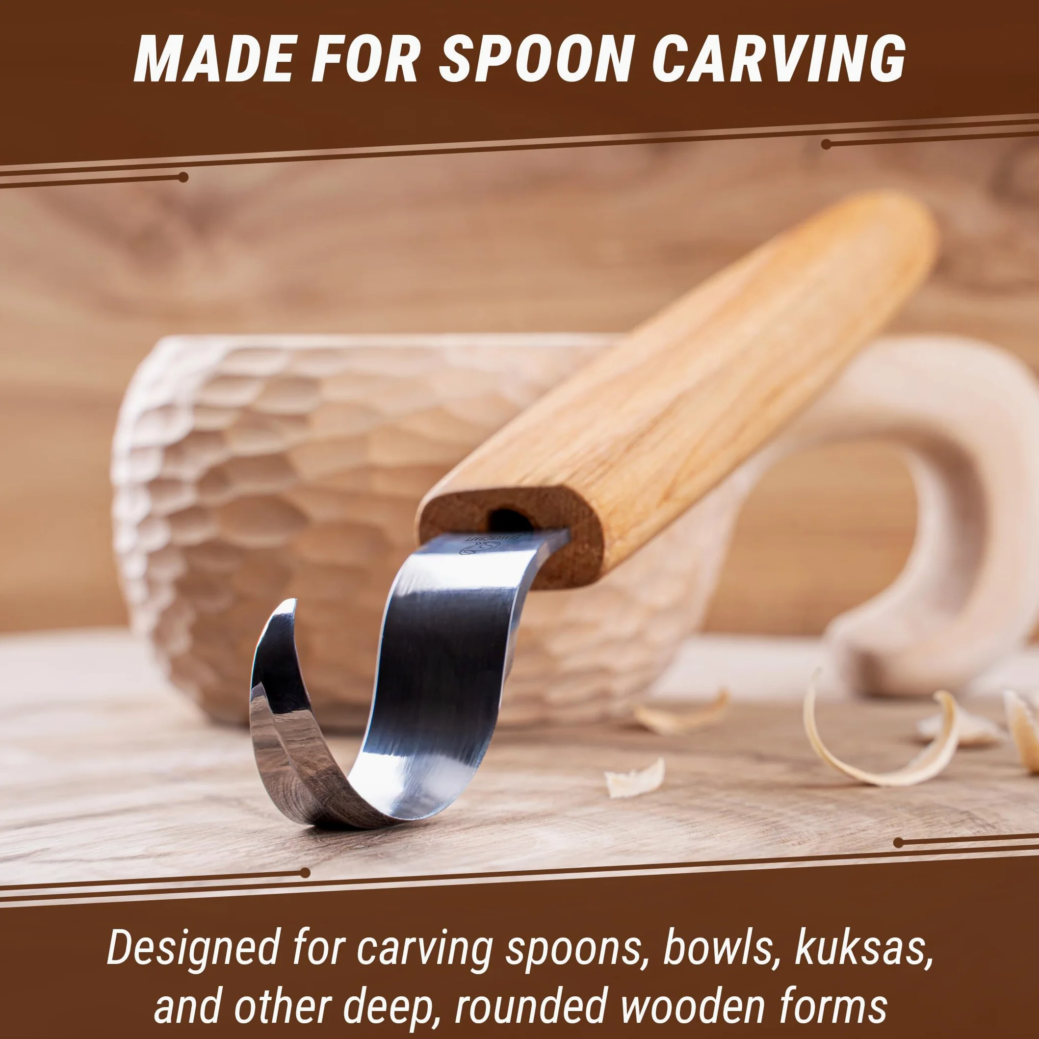 BeaverCraft Cuchillo Curvo SK1 para Tallar Cucharas – Herramienta de Tallado para Diestros – Cuchillo para Cucharas, Cuencos y Tazas – Herramientas de Tallado para Principiantes y Profesionales