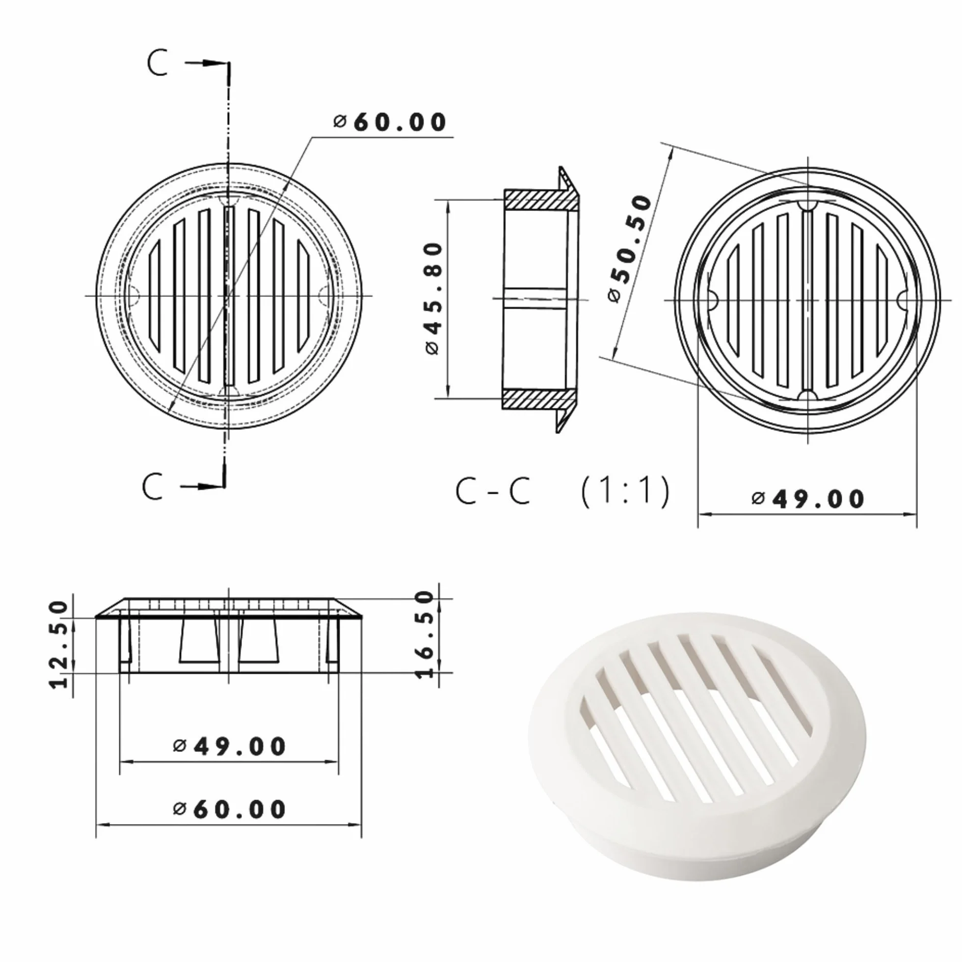 cyclingcolors 10x Rejilla de ventilación redonda 50 mm Diámetro total 60 mm de plástico Orificio Gabinete Armario Cocina, Blanco