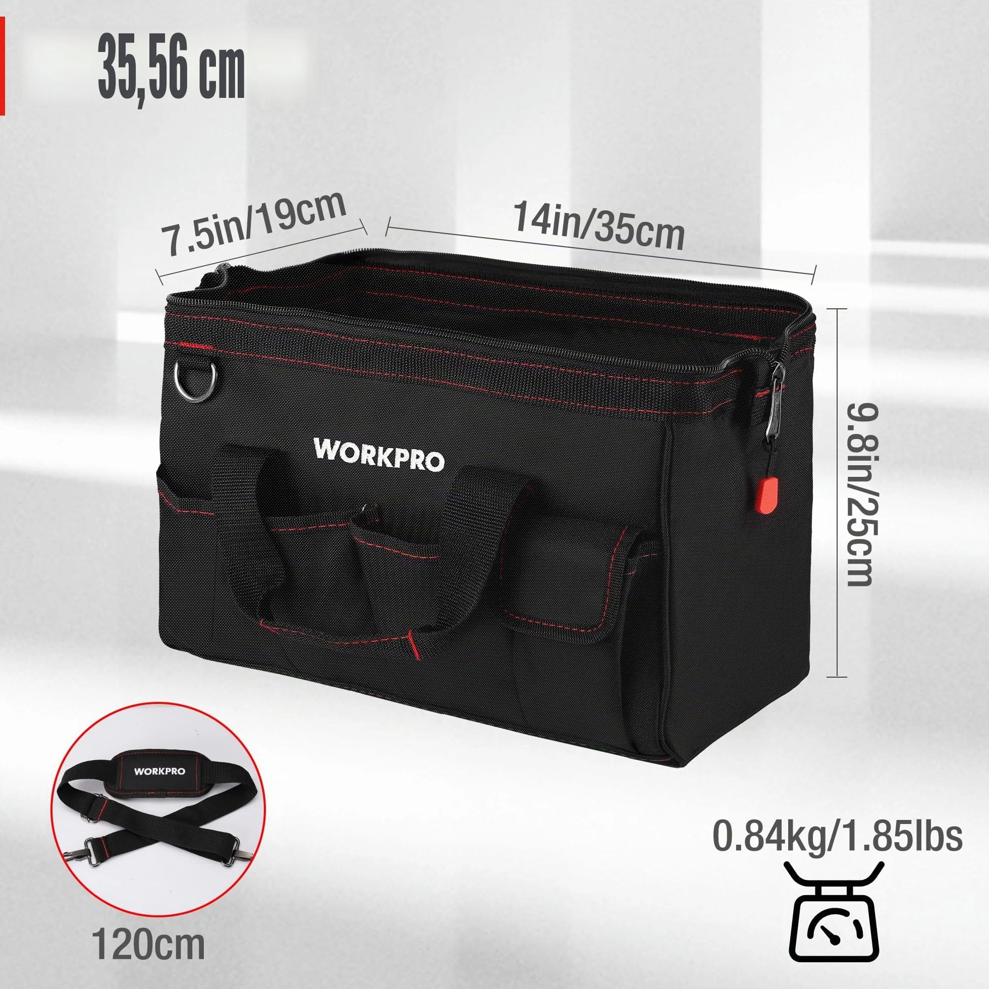 WORKPRO W081021A Bolsa de herramientas, bolsa de almacenamiento de boca ancha multiusos, 14 pulgadas, azul, negro