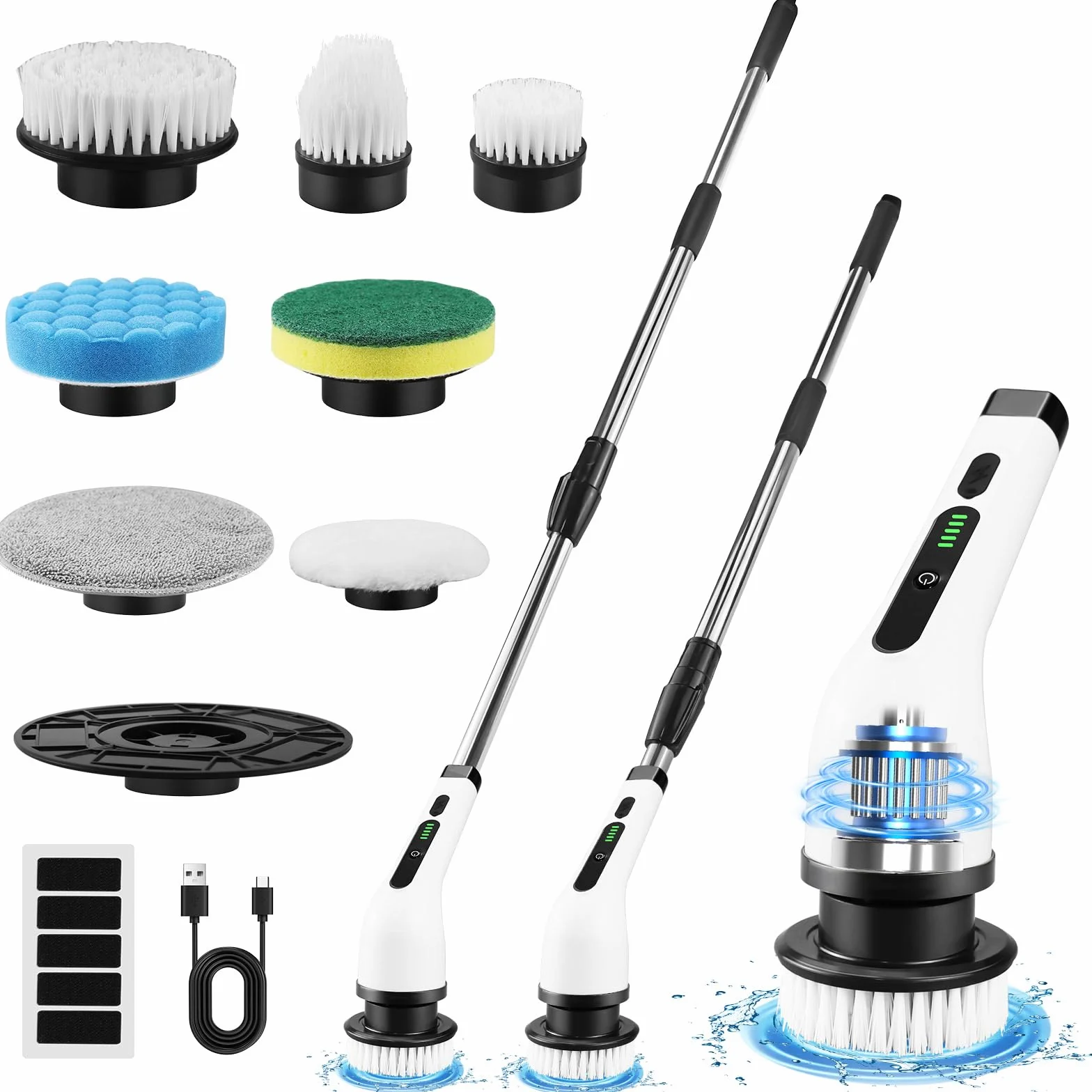 Cepillo Electrico Limpieza Hogar Kit, Escoba Limpieza Fregadora Electrica, con 7 Cabezales de Cepillo de Repuesto, Power Scrubber con Mango Ajustable, para Baño, Suelo de Baldosas, Coche