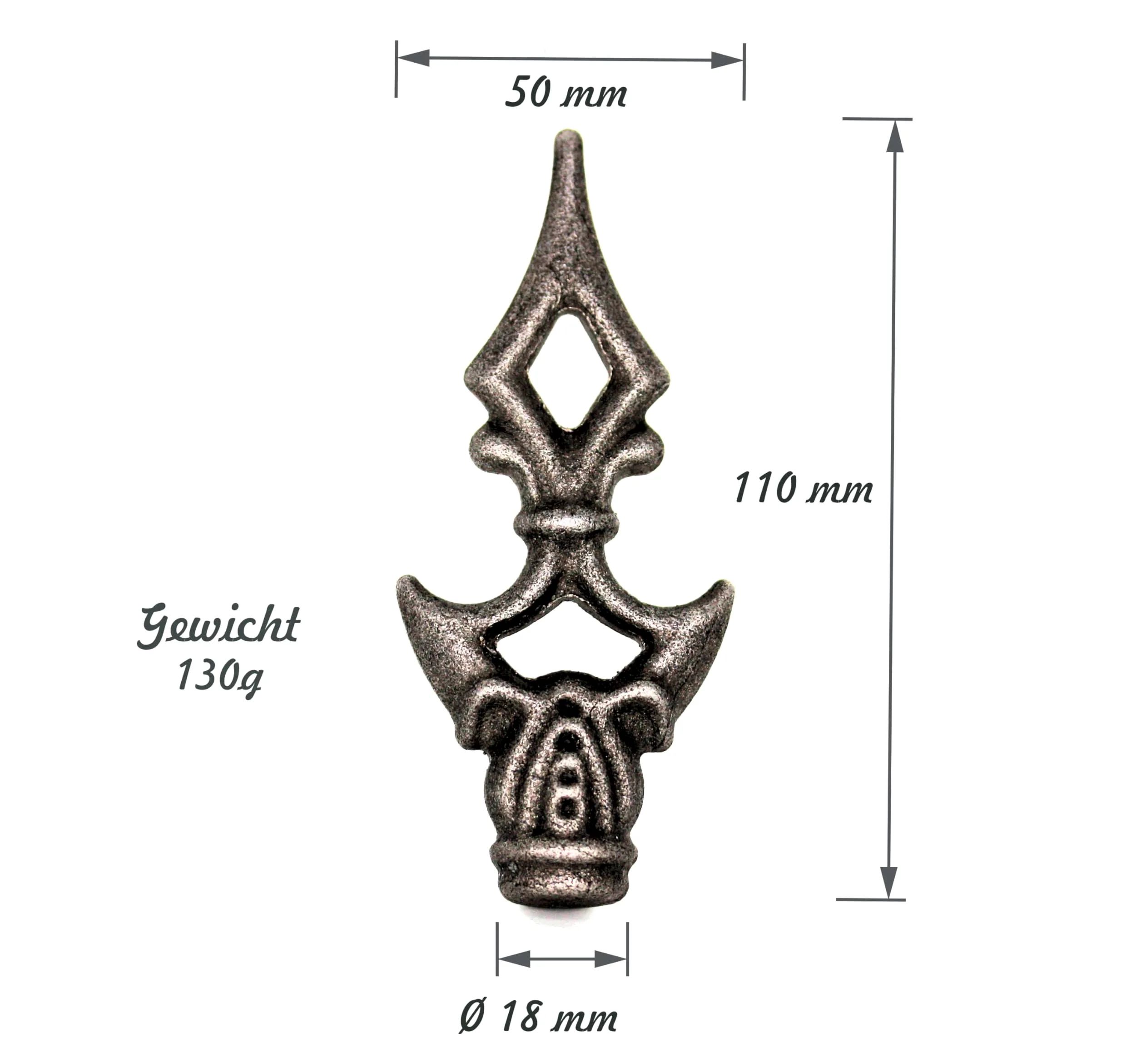 Punta de valla de hierro forjado, 10 piezas forjadas de acero, punta decorativa rústica de hierro, punta de metal, punta de lanza (130x55mm, 10 uds., diámetro de acoplamiento Ø12mm)