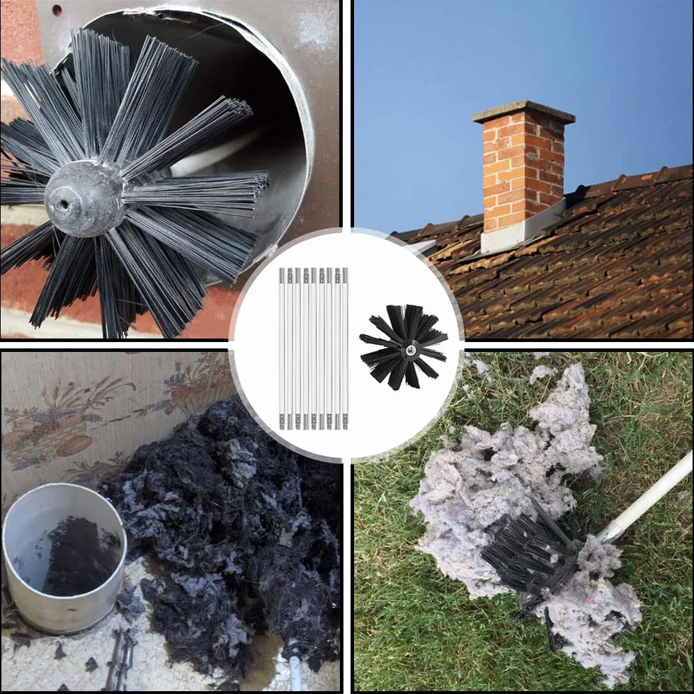 Kit de Cepillo Limpieza Chimenea Cepillo para Chimenea Rotativo de Nylon Juego de Limpieza de Ventilación del Conducto con 9 Varillas Flexibles 1 Cabeza de Cepillo