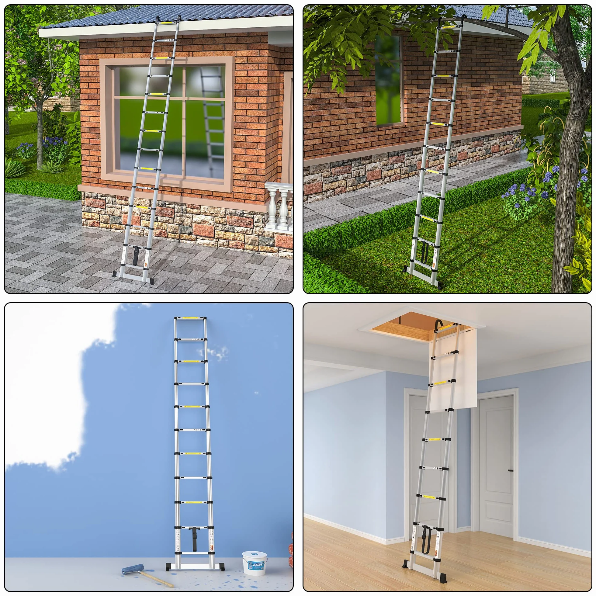 gymount Escaleras Plegables Aluminio, 3,8m Escalera Telescópica, Escalera Plegable Portátil, con Barra Estabilizadora y Ganchos Extraíbles Adecuado para Mantenimiento del hogar, Camping, Carga 150 KG