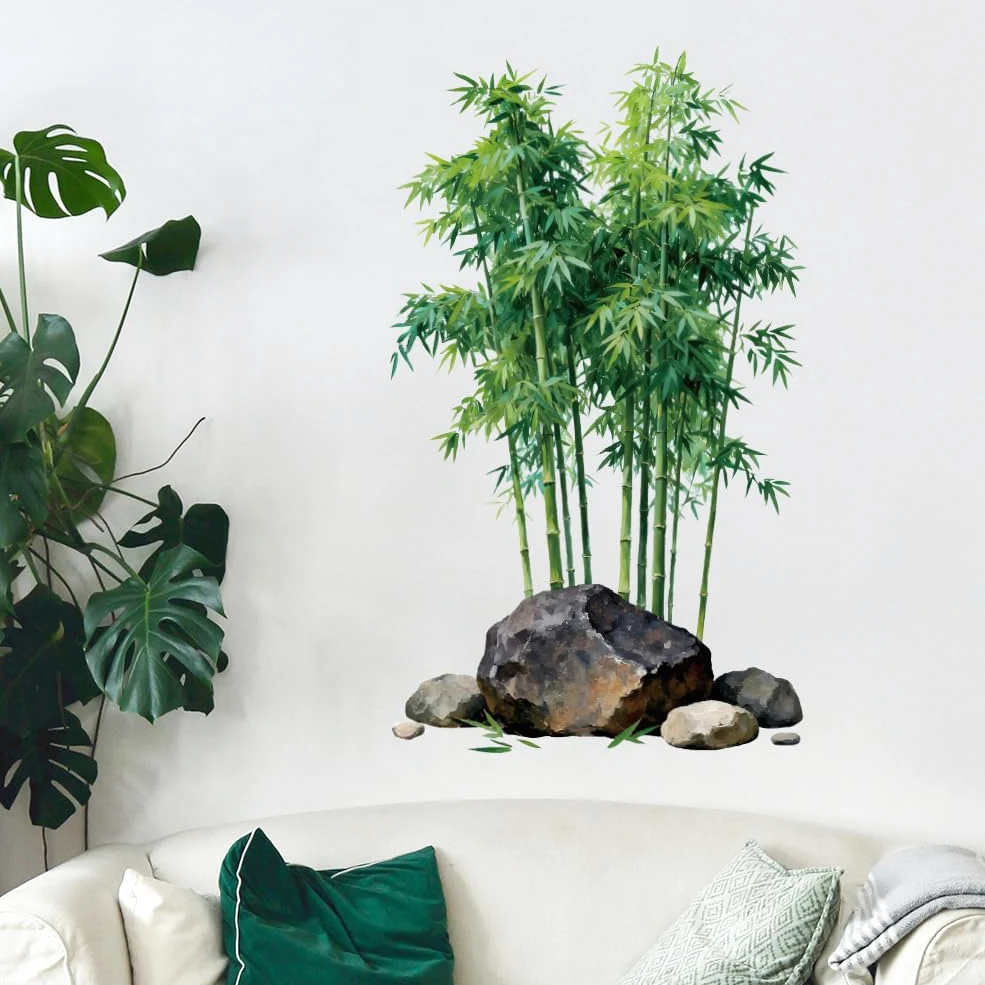 Peacoblue Calcomanías de pared de bambú y piedra, removibles para despegar y pegar, 1 hoja de murales de vinilo de 15 x 23.6 pulgadas para dormitorio, sala de estar, sala de estar, baño, aula