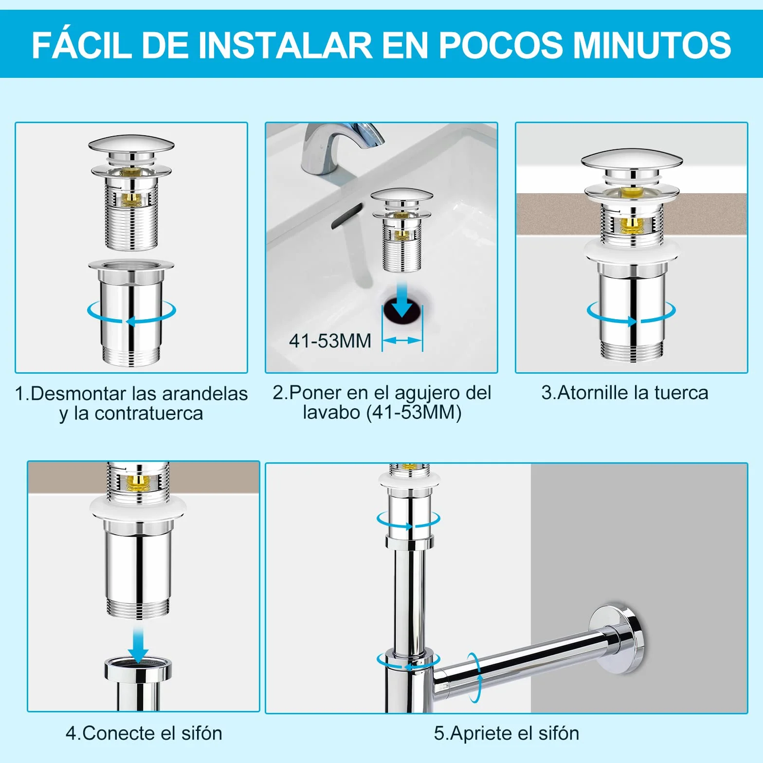 Linkax Tapón Universal G1 1/4" Click Clack Desagüe Lavabo Válvula Baño Inodoro Rebosadero Plata 41-53mm