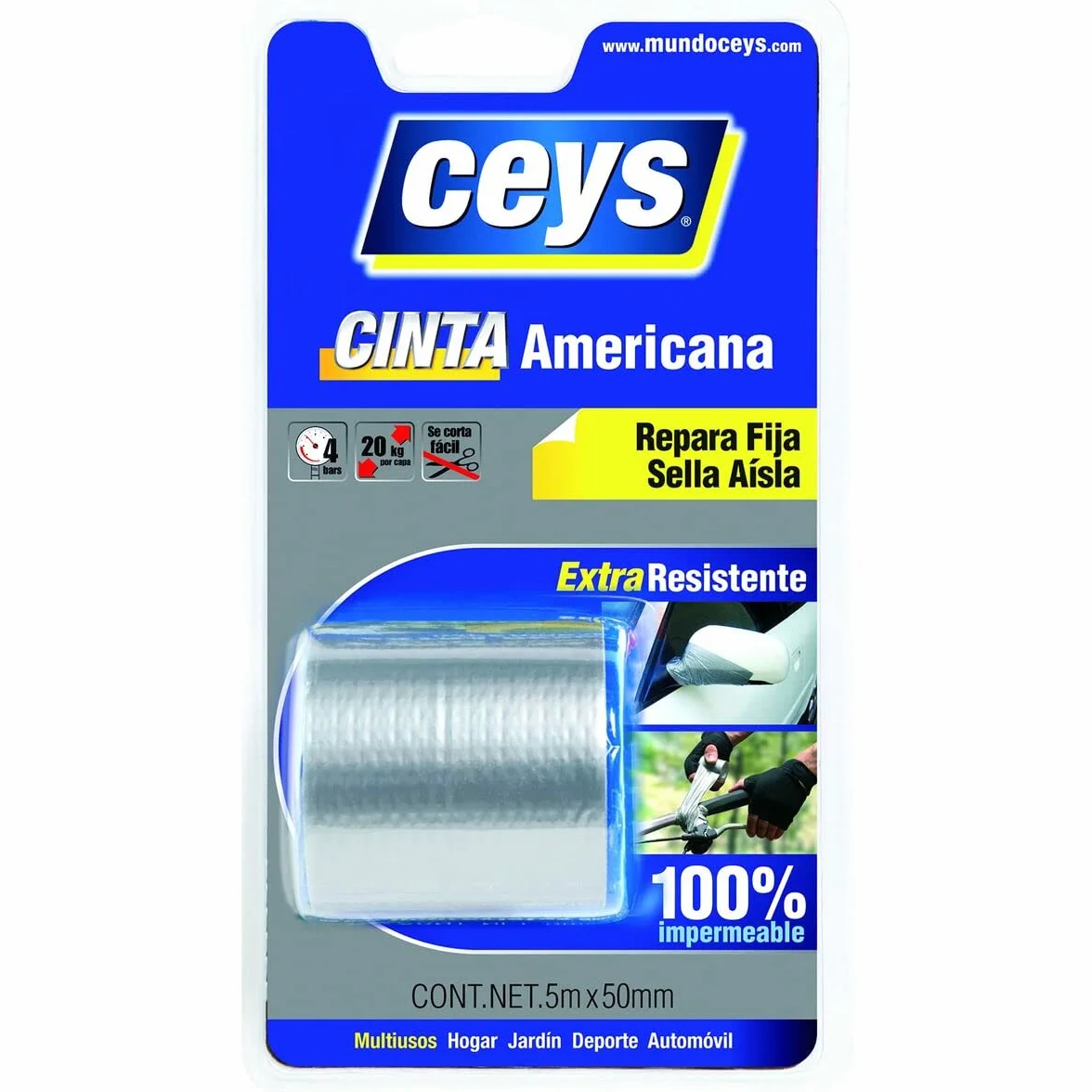 ceys - Tackceys - Cinta Americana Plata - Blister 5M X 50, Azul, 0