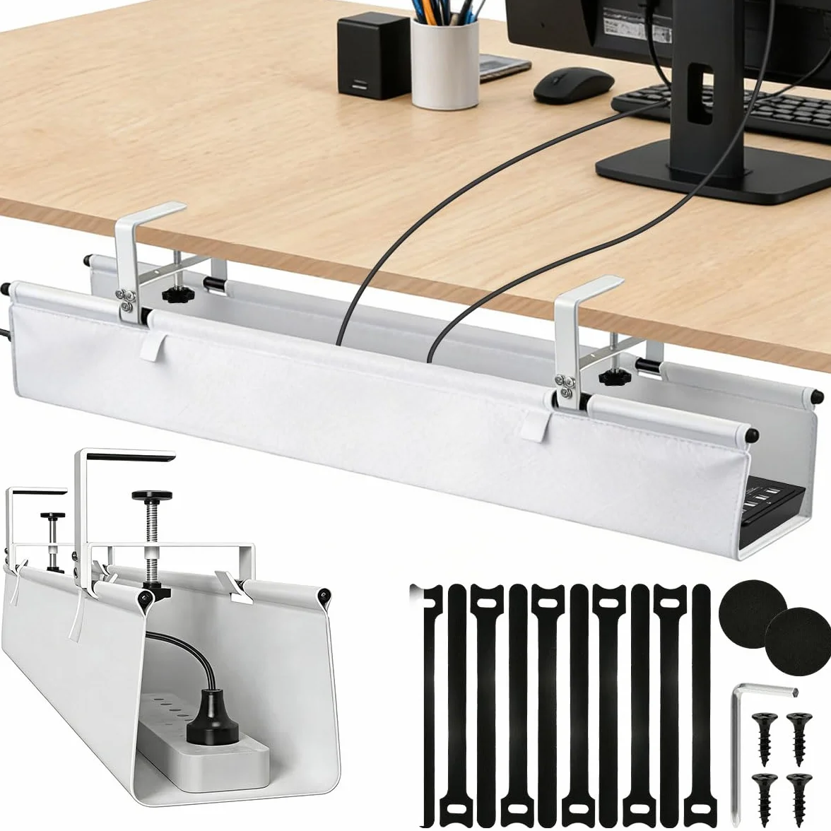 Organizador Cables Escritorio, 90cm Blanco Bandeja Organizador Cables Escritorio, Sin Necesidad de Taladrar Bandeja Cables Escritorio, Esconder Cables Organizador Cables, para Hogar u Oficina