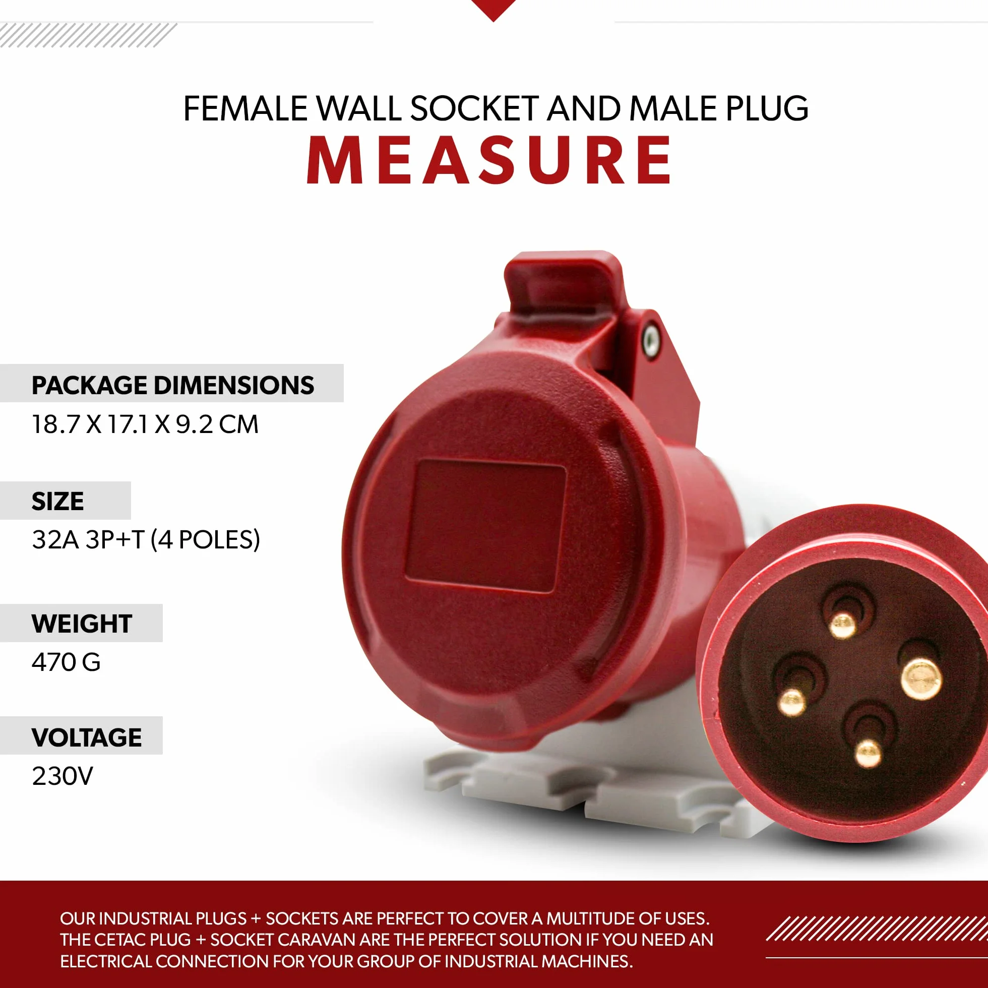DOJA Industrial | PACK BASE PARED HEMBRA Y ENCHUFE TRIFASICO INDUSTRIAL 380 MACHO | 32A - 3P+T (4 Polos) | Base Mural Cetac Hembra + Toma Corriente de 4 Pines | Enchufe Caravana, Conector Camping
