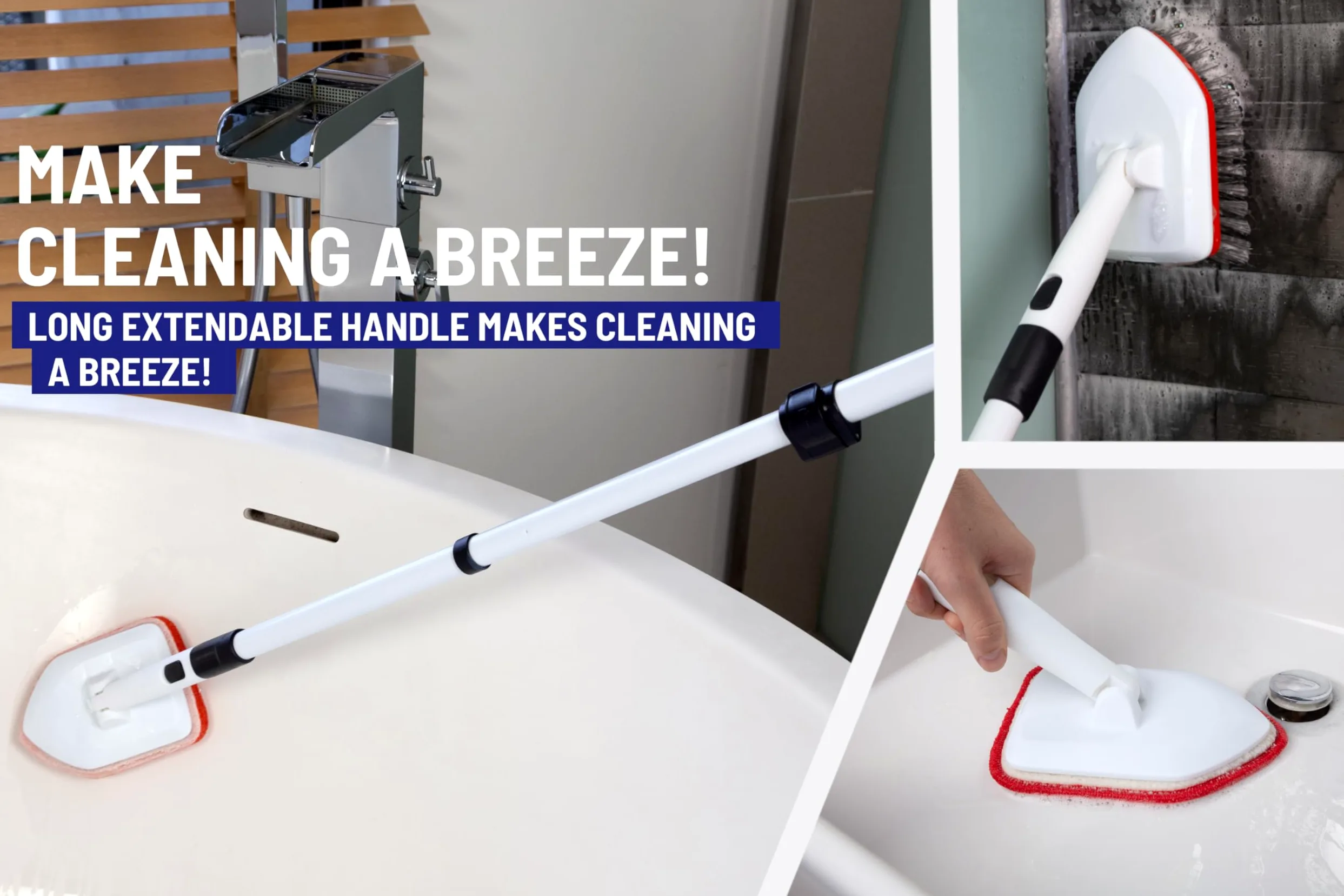 Moku Home Cepillo de Limpieza 3 en 1 Extensible de Mango Largo de 58 Pulgadas, Cepillo de Ducha antiarañazos para Limpieza de baño, Cocina, Inodoro, Pared, bañera, Fregadero de Azulejos (Rojo)