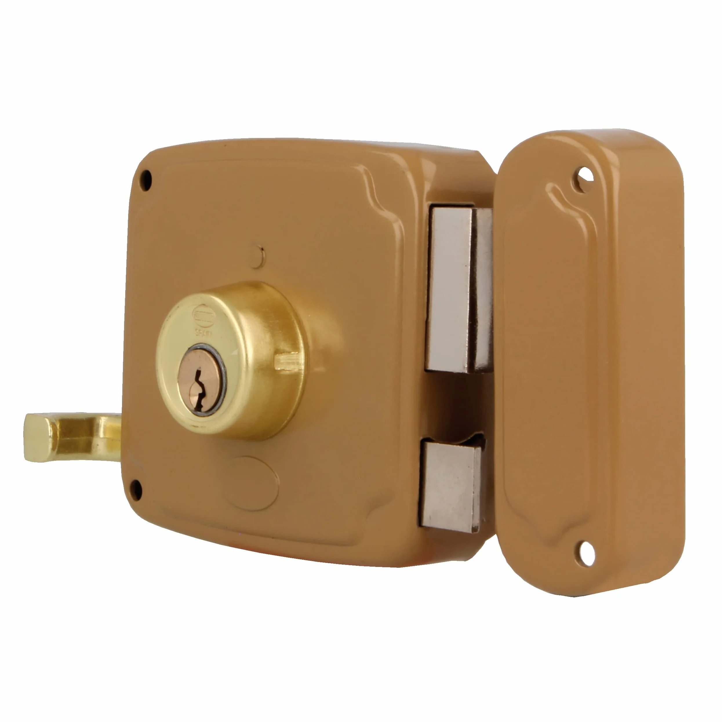 Amig - Cerradura de Sobreponer de Derecha con Palanca de Cierre, Lengüeta y Tirador - Acero Dorado - Medida: 100 x 95 mm - Ideal para Puertas de Madera de Entrada o de Paso