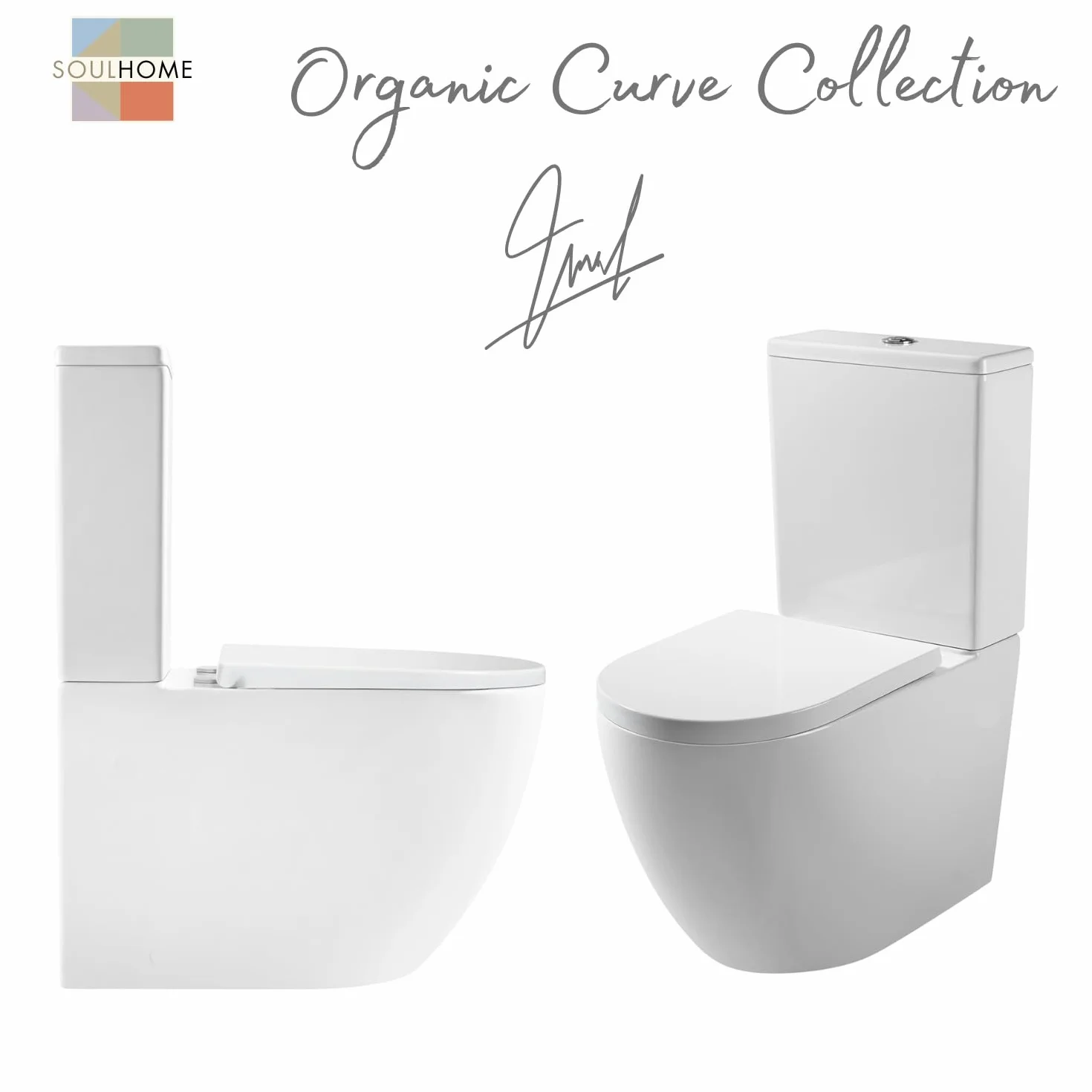 SOULHOME Pack Inodoro Completo Rimless Curvo Blanco Mate | Tapa Amortiguada | Salida Horizontal/Vertical | Doble Descarga Eco | Pulsador Dorado