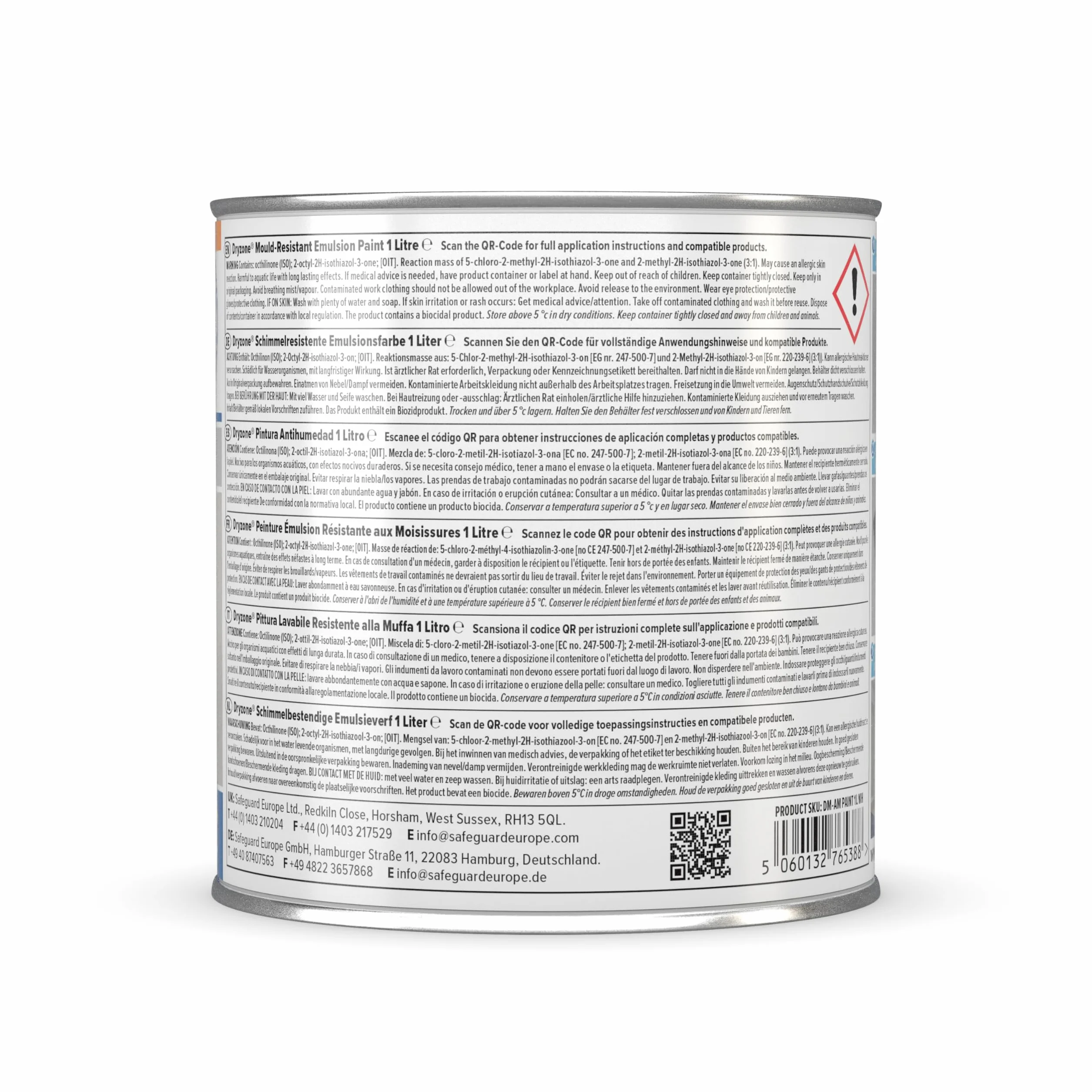 Dryzone Pintura Blanca Antimoho y Antihumedad para Interior – 1L – Para Pared y Techos – Protege en Contra del Moho Negro Durante 5 Años