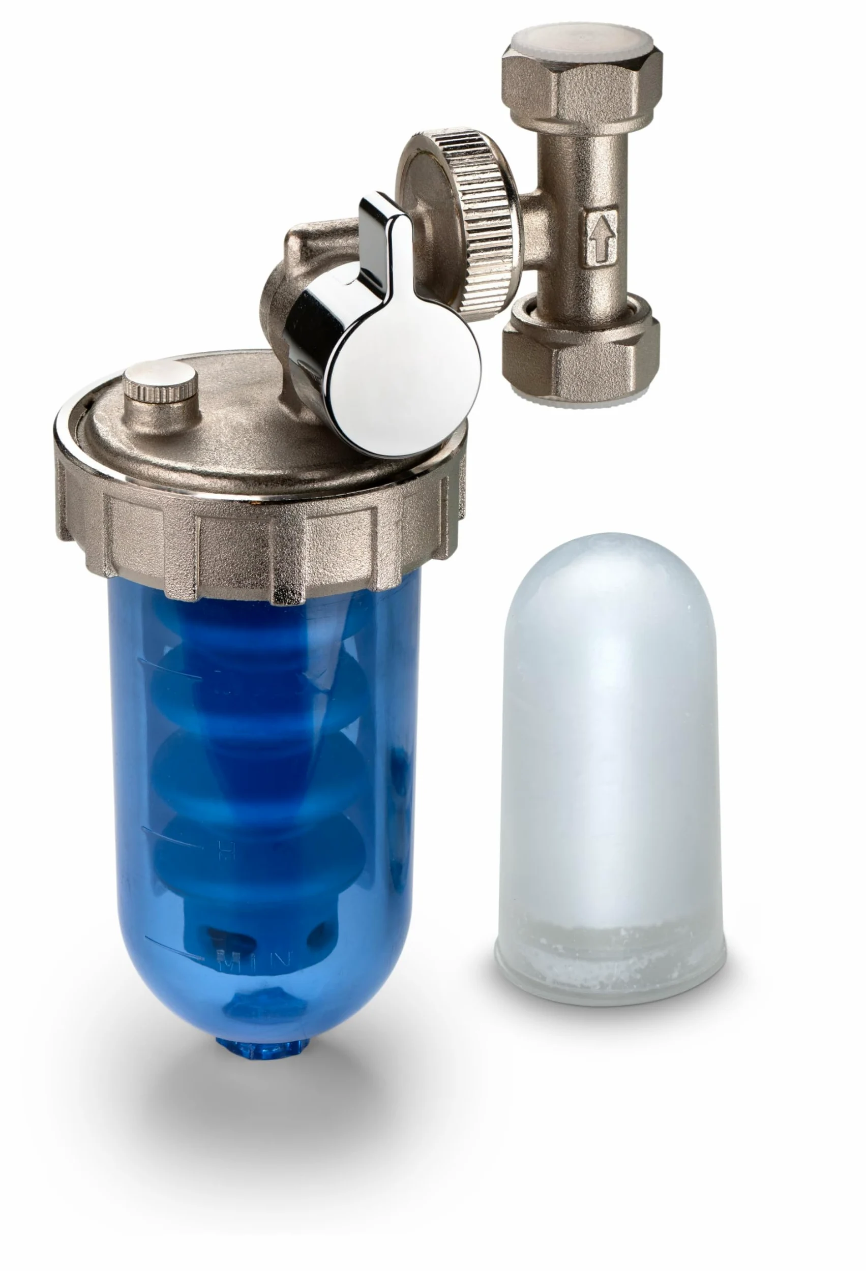 WK Dosificador de polifosfatos giratorio con bypass | Conexiones de 1/2" | Recipiente transparente irrompible | Protección antical y anticorrosión para instalaciones hidráulicas y sanitarias