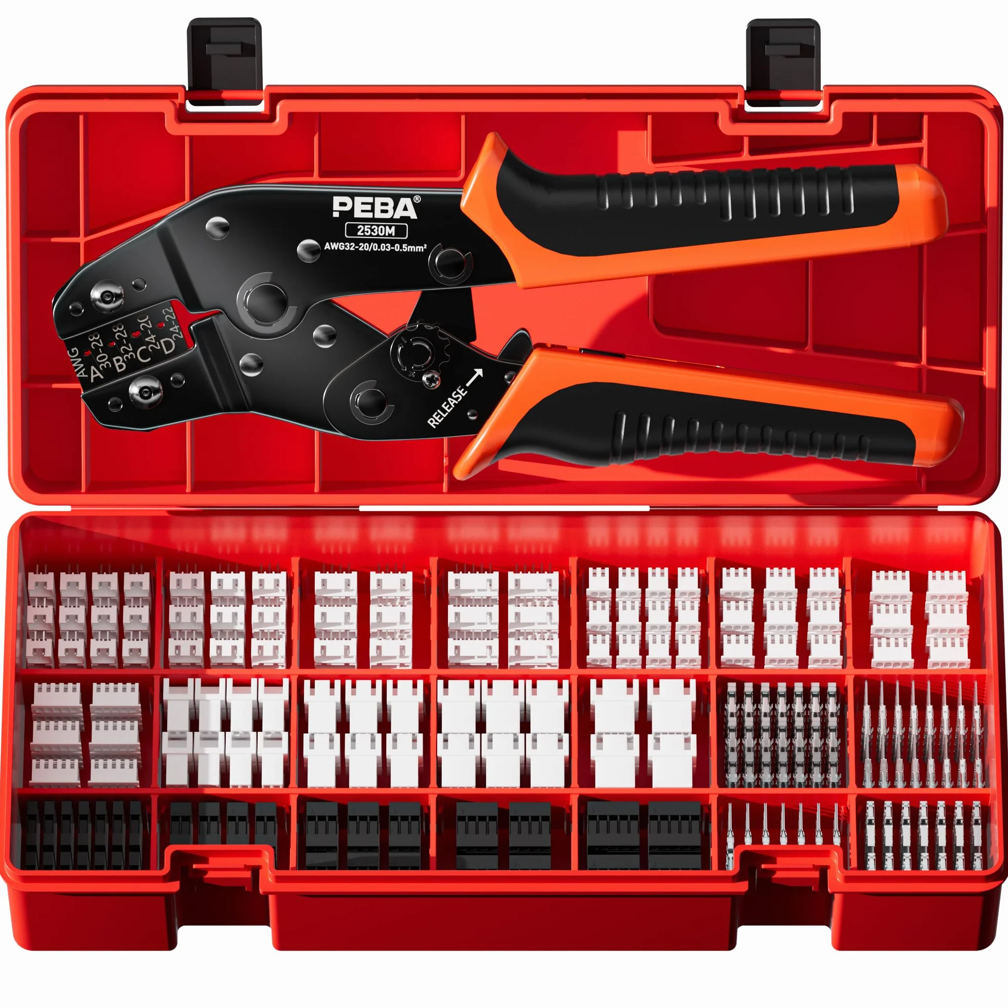 PEBA Juego de Crimpadora con 21 Estilos Dupont 2,54 mm/JST-XH 2,5 mm Conector Set, 0,03-0,5 mm² (AWG 32-20) para Dupont, JST-XH/SM/SYP/PH/VH 3,96 mm, Molex, AMP EI Serie