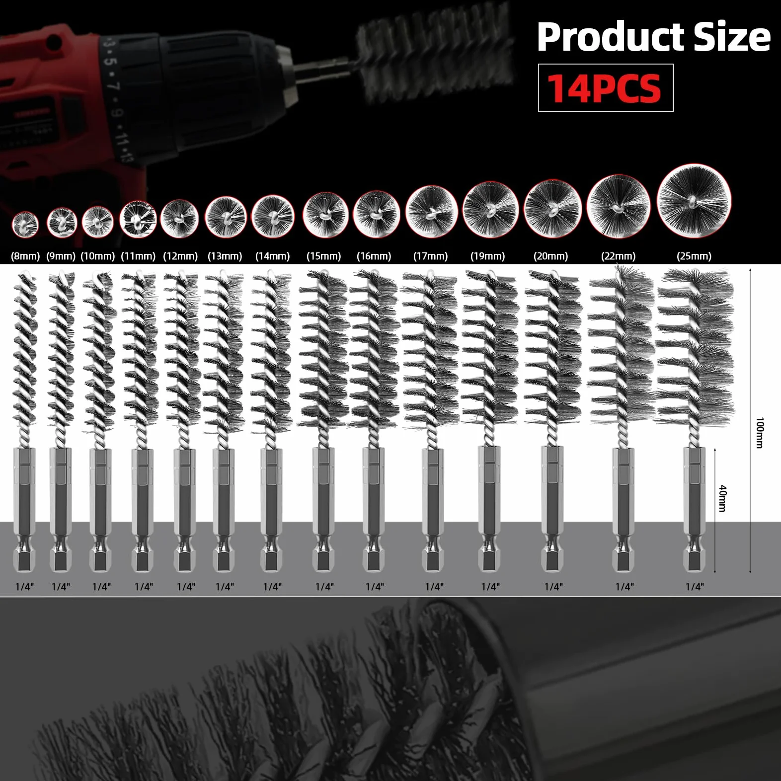 ASNOMY 14Pcs Cepillos de Alambre para Taladro, 8-25 mm Cepillo cilíndrico de acero inoxidable, con barra hexagonal, Cepillo Metálico para Limpieza y Pulido Superficies Metálicas Desoxidar