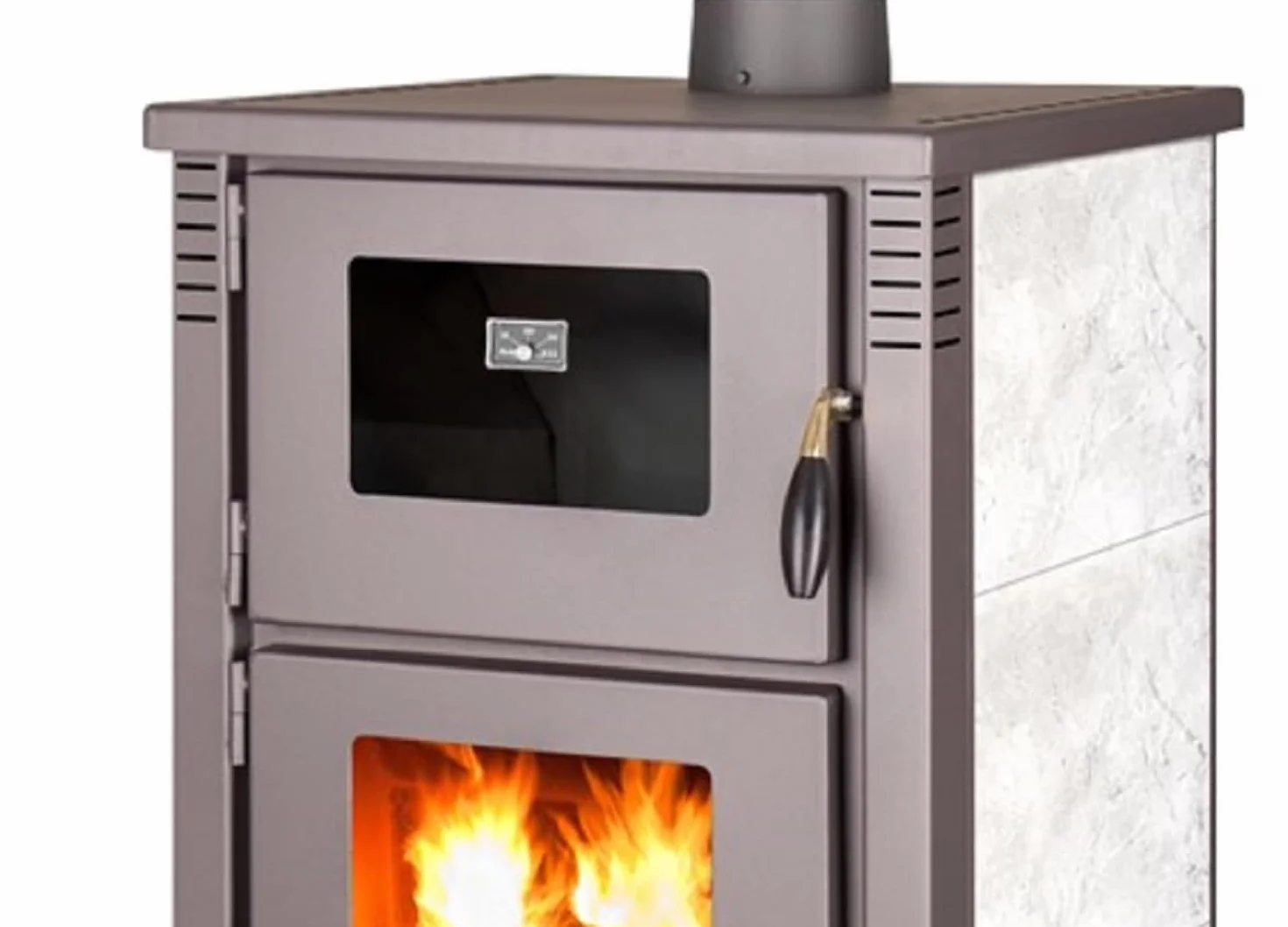 Estufa de leña Bio Leña Sile con horno, Cerámica Blanca, 12 kw, 60-80 m², 82% eficiencia