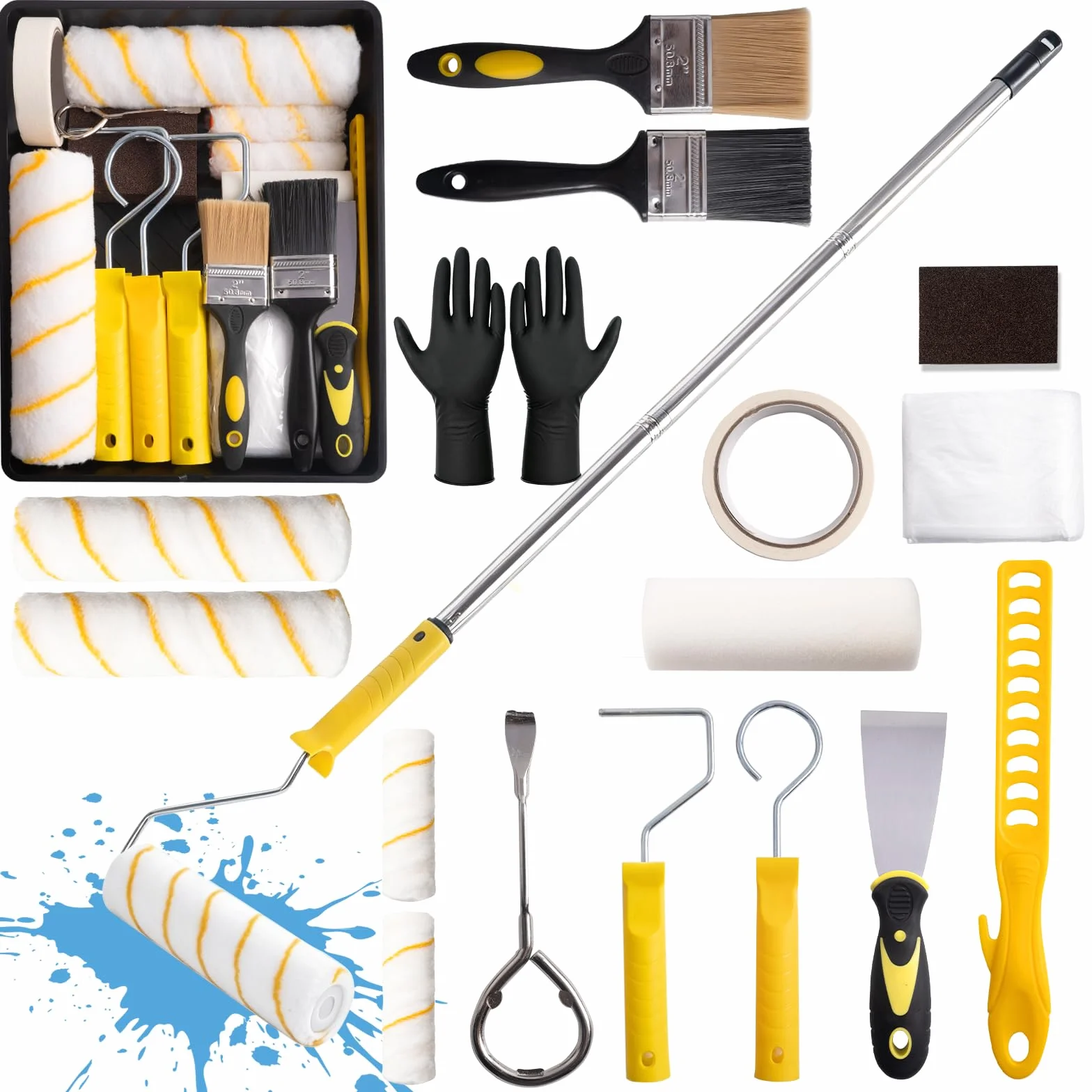 20Pieza Juego de Rodillos, con 1.5M Extension Rod, Pintura de 9" 4", Bandeja para Pintura, Brocha, Mezclador, Espátula, Guantes, Kit Pintura Pared, para Interior, Renovar, Techos y Puertas