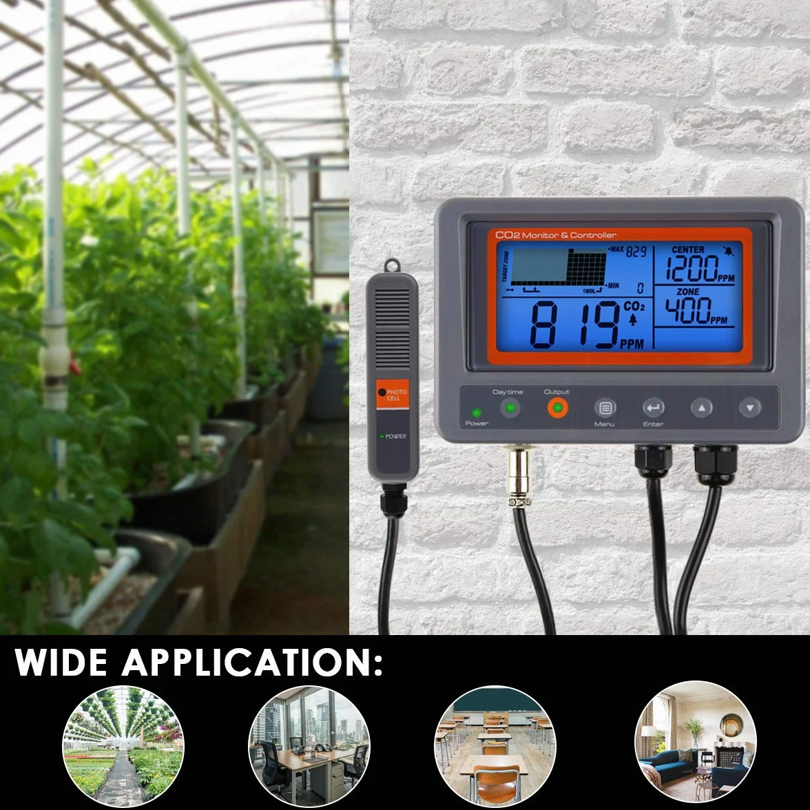 Controlador de CO2 con Sensor NDIR, Monitor de Calidad del Aire y Función de Relé Día/Noche. Ideal para Invernaderos, Grow Rooms, Jardines y Hogar.