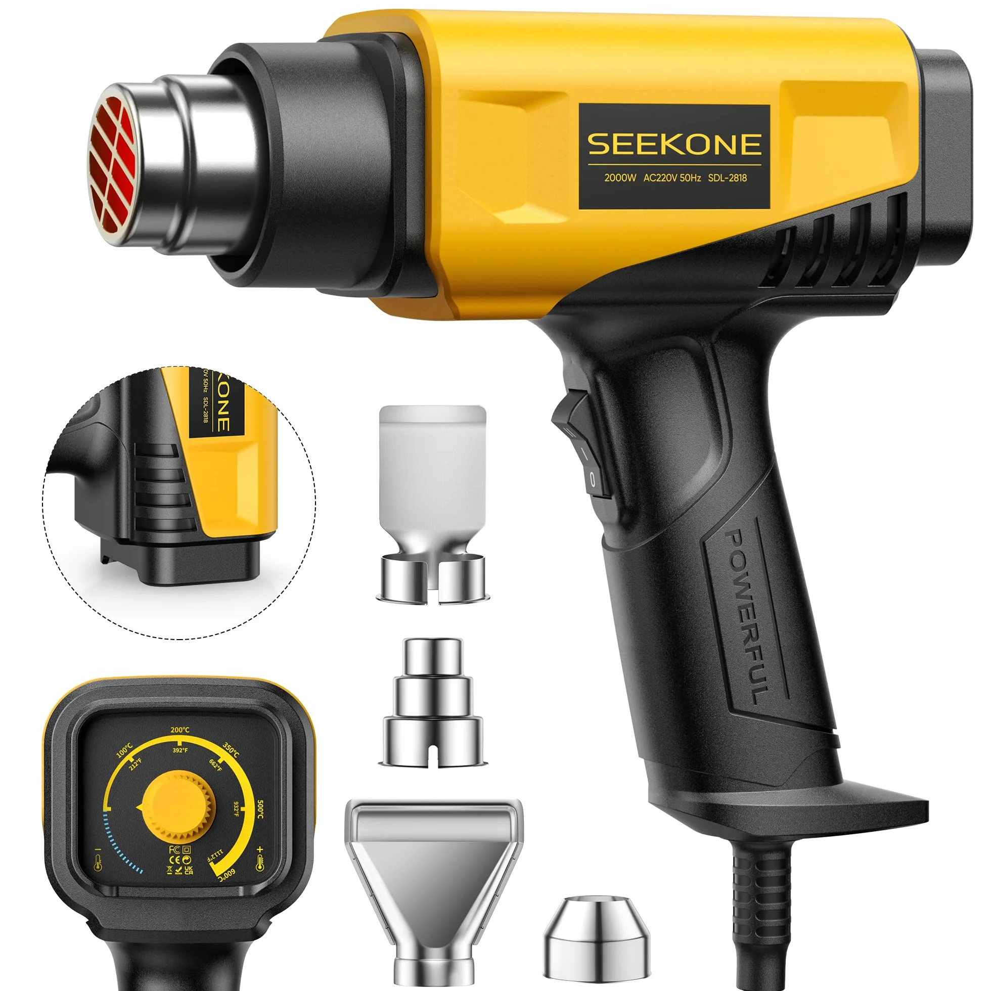 SEEKONE Pistola de Calor 2000W Compacta Pistola Aire Caliente con Control de Temperatura sin Niveles 50-600℃ y 1,5S Calentamiento Rápido, para Soldadura y Eliminación de Pintura