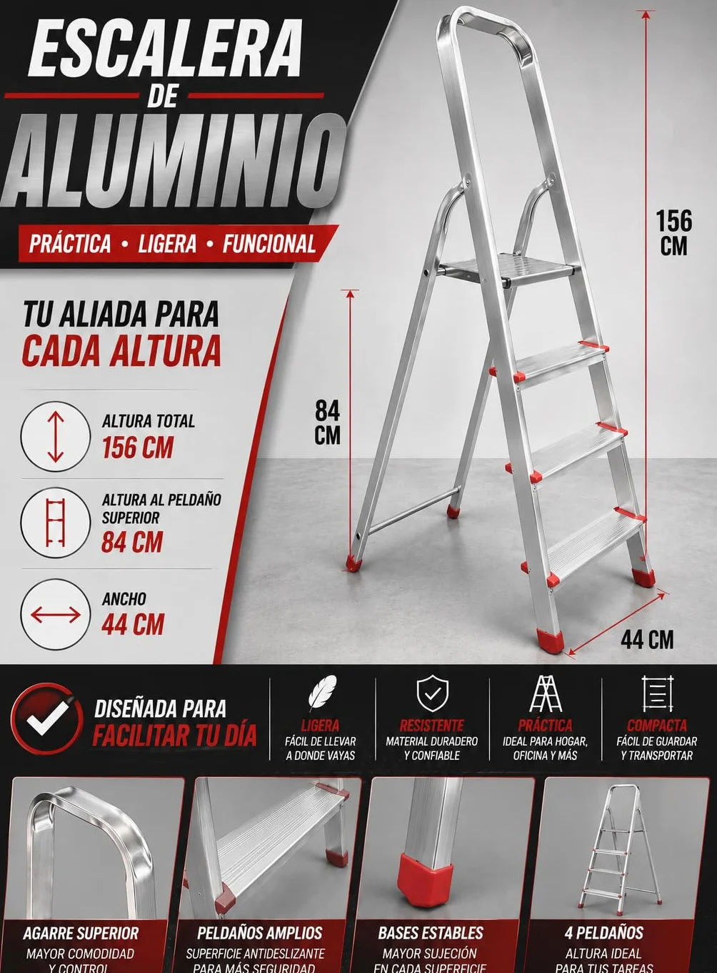 Escalera de Tijera Plegable, Escalera de Aluminio, Multiusos, Antideslizante, Ligera y Resistente, Escalera Doméstica, Fácil Transporte (4 peldaños)