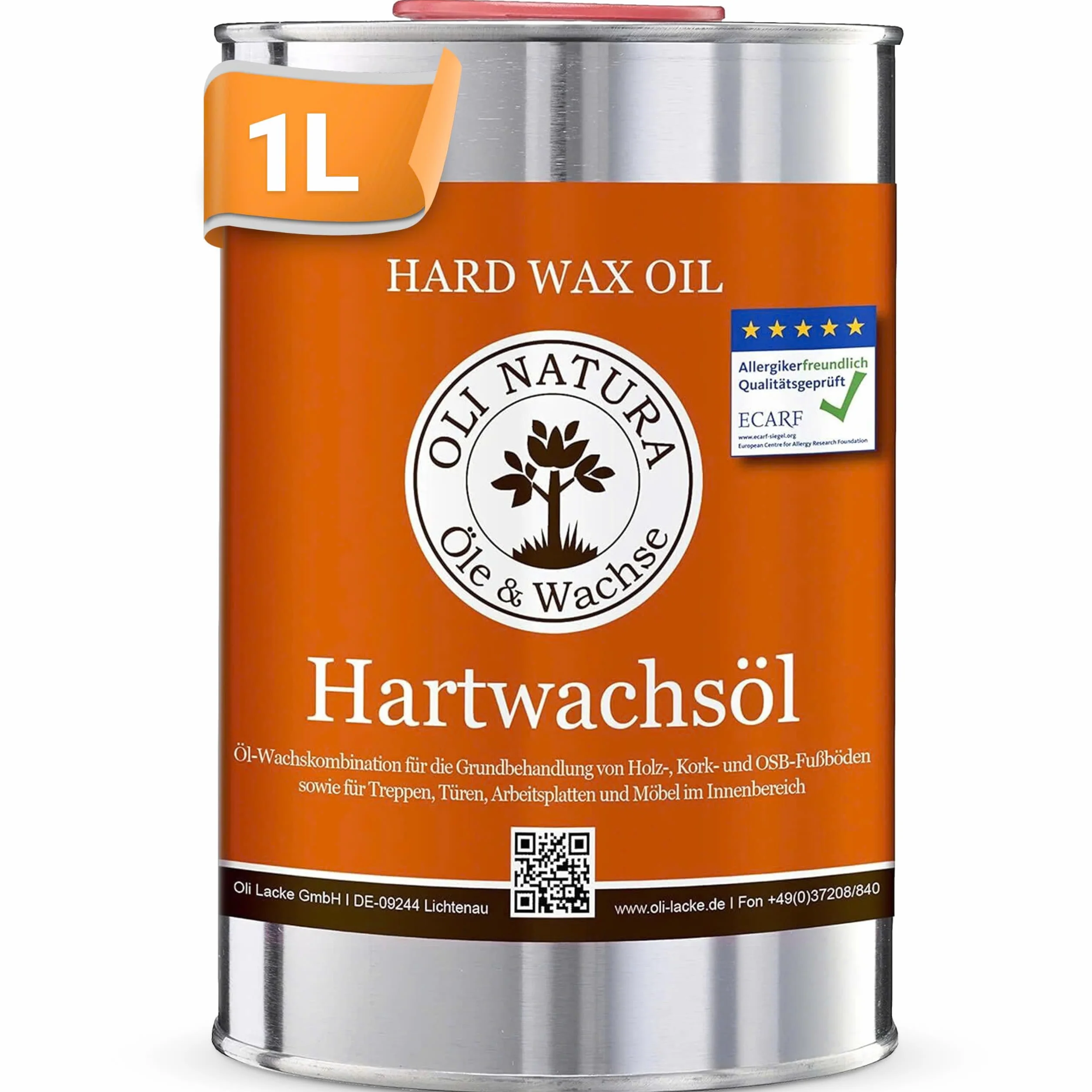 OLI-NATURA Aceite de cera dura - para suelos de madera, parqué, muebles, escaleras, puertas y encimeras, 1 L, Color: natural