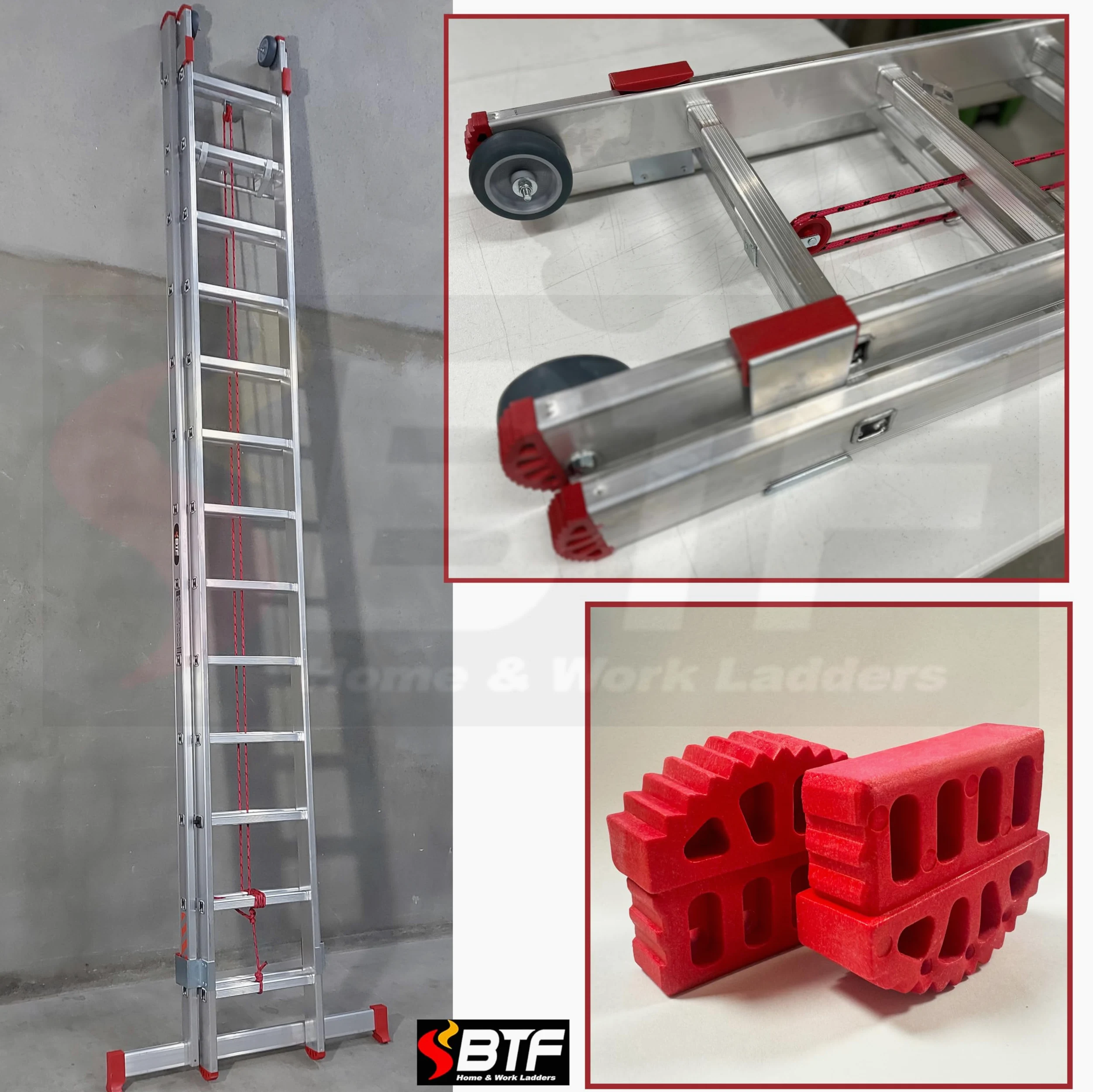 BTF | Juego de 4 Conteras para Escaleras Industriales Profesinoales 1, 2 o 3 Tramos Combinada y/o Extensible | Pies de Goma de Escaleras Perfil de Montante 80x25mm.