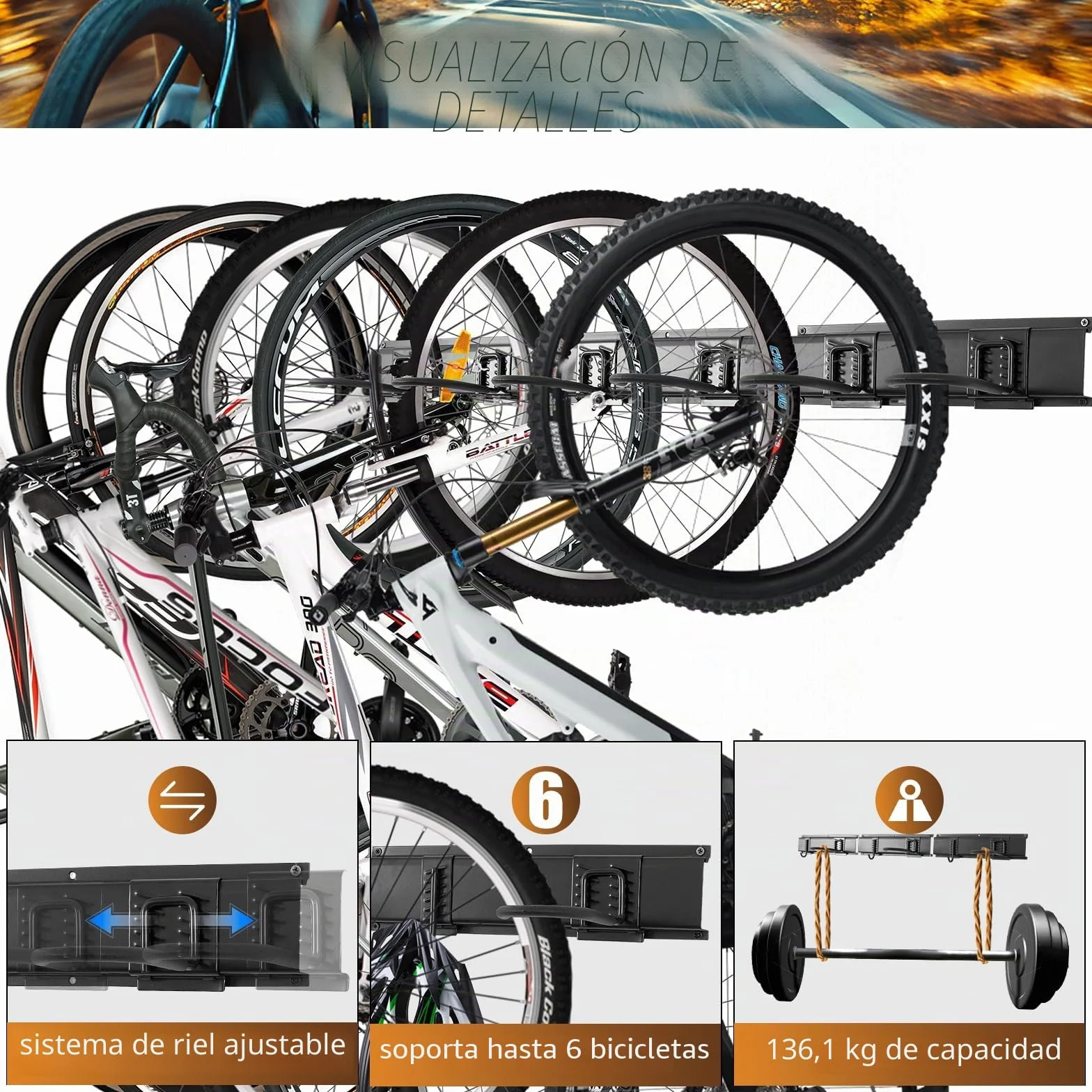 Soporte de pared para bicicletas de garaje, 6 soportes y 6 ganchos, carga 270 kg, 160 cm