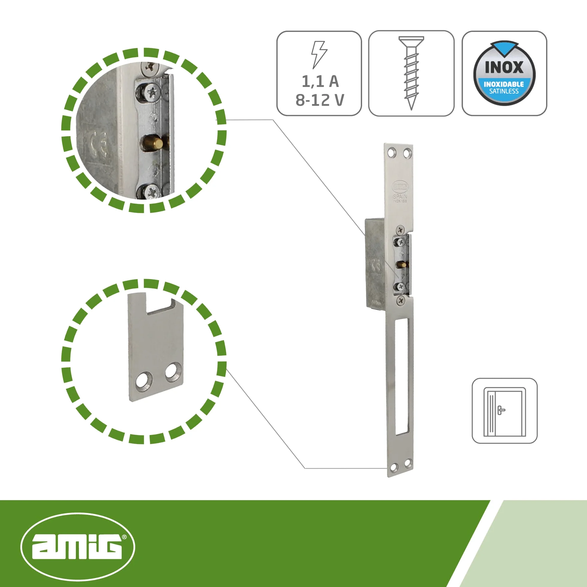 Amig - Abrepuertas Eléctrico de Embutir para Puertas - Mod.21-250 x 25 x 3 mm - Amperaje: 1,1 A - Incluye Bobina de 8-12 V de Corriente Alterna - Cerradero para Portales, Tiendas u Oficinas
