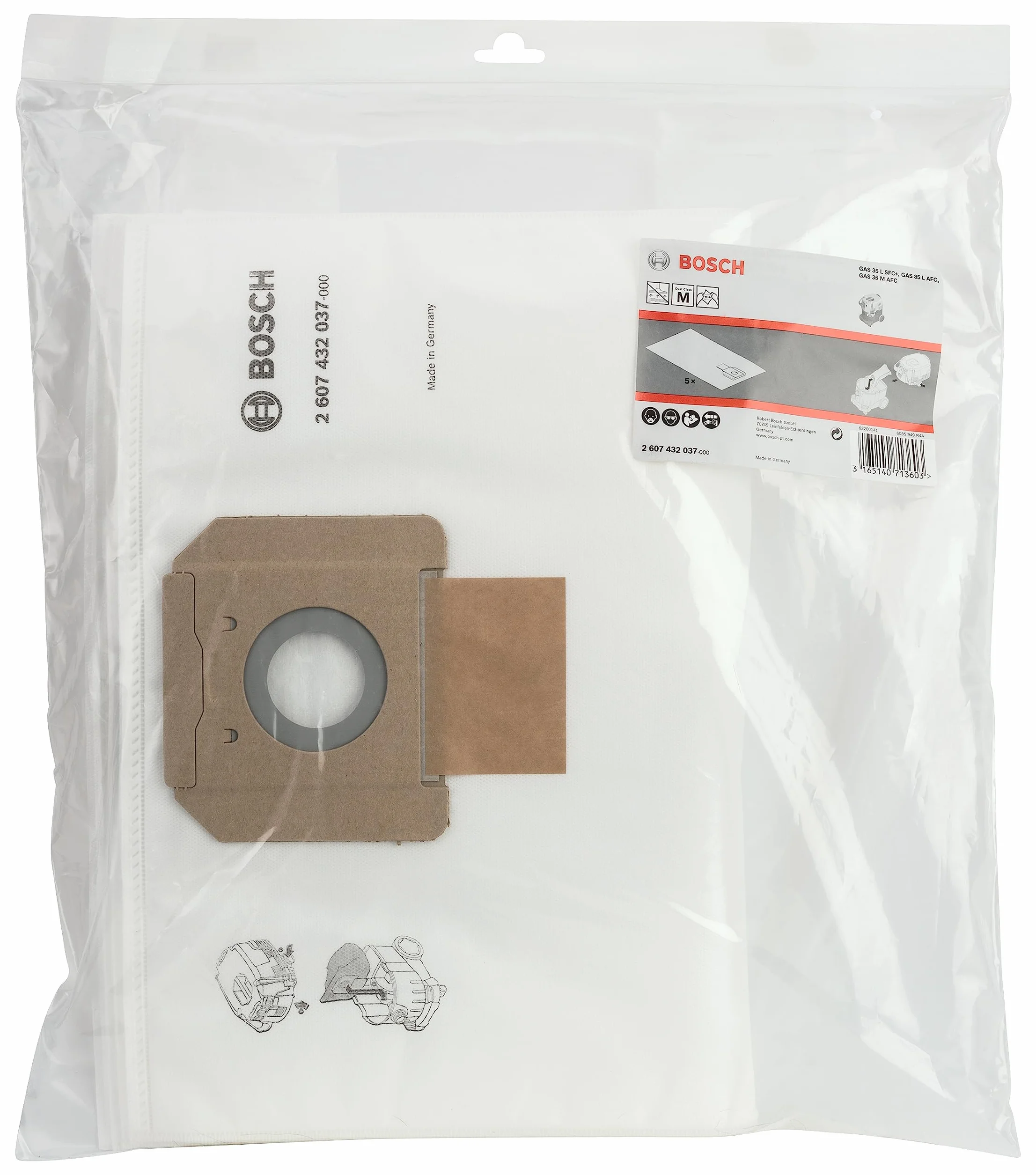Bosch Professional Bolsas de Vellón para Aspiradora, para Gas 35, en Bolsa de Plástico, Set de 5 Piezas, Blanco