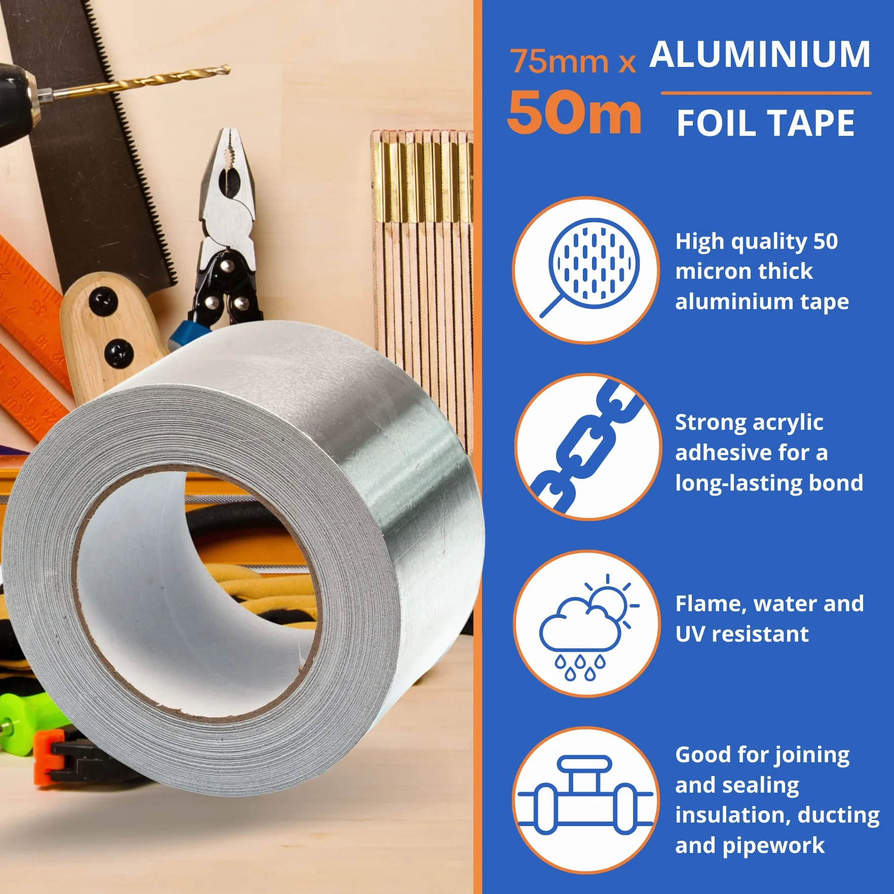 GOCABLETIES - Cinta adhesiva de aluminio ancha de 75 mm x 50 m - Autoadhesiva y resistente al agua y al calor - Ideal para sellar, reparar y aislar - 2 rollos