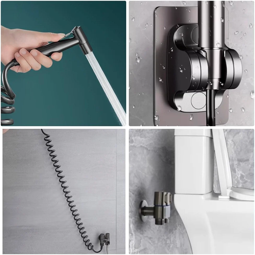 Grifo Bidet para WC Bidet Kit Edelstahl Ducha Higienica mit Soporte Tubo de Resorte Adhesivo Pulverizador de Válvula de Doble Control Para Inodoro Ducha de Mano Para Baños y Aseos