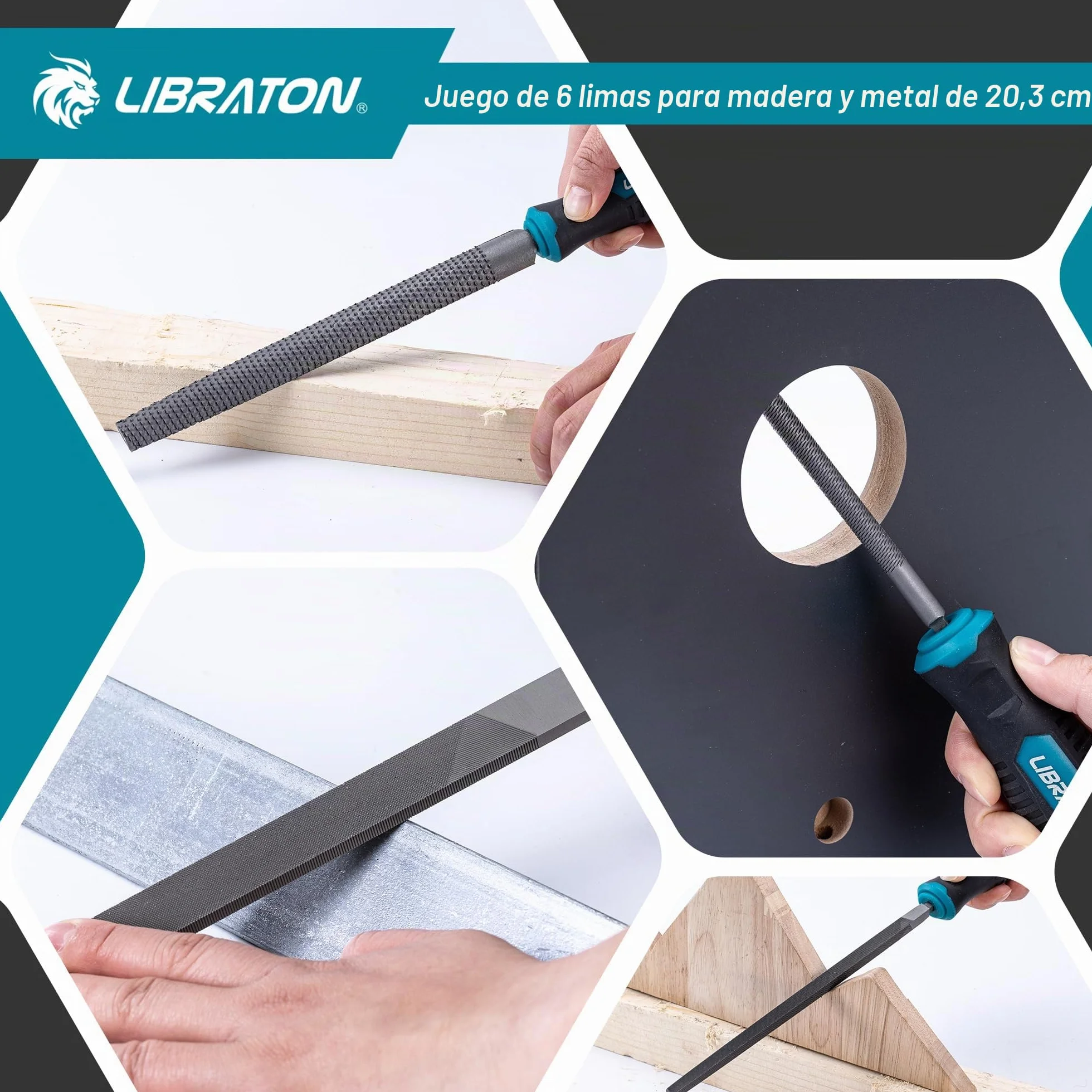 Libraton Limas de Metal, Limas para Metal de 6 Piezas, Limas de Acero con Alto Contenido de Carbono, Lima Metálica con Mango de Goma, Juego de Limas de 8 Pulgadas Incl 1 Escofina para Madera