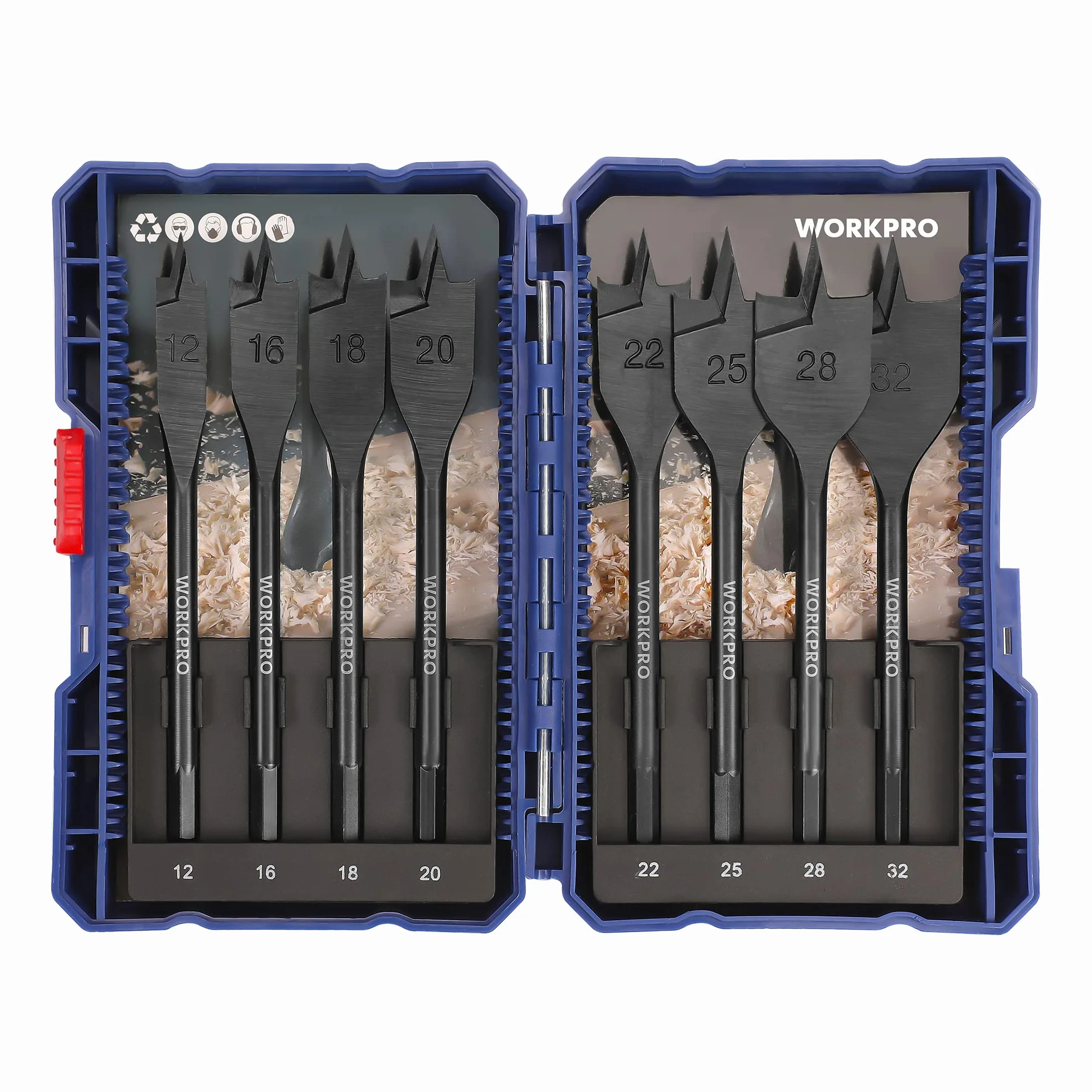 WORKPRO - Juego de 8 brocas de madera planas para madera, varilla hexagonal de cambio rápido de 6,35 mm, 12 mm/16 mm/18 mm/20 mm/22 mm/25 mm/28 mm/32 mm, estuche de almacenamiento