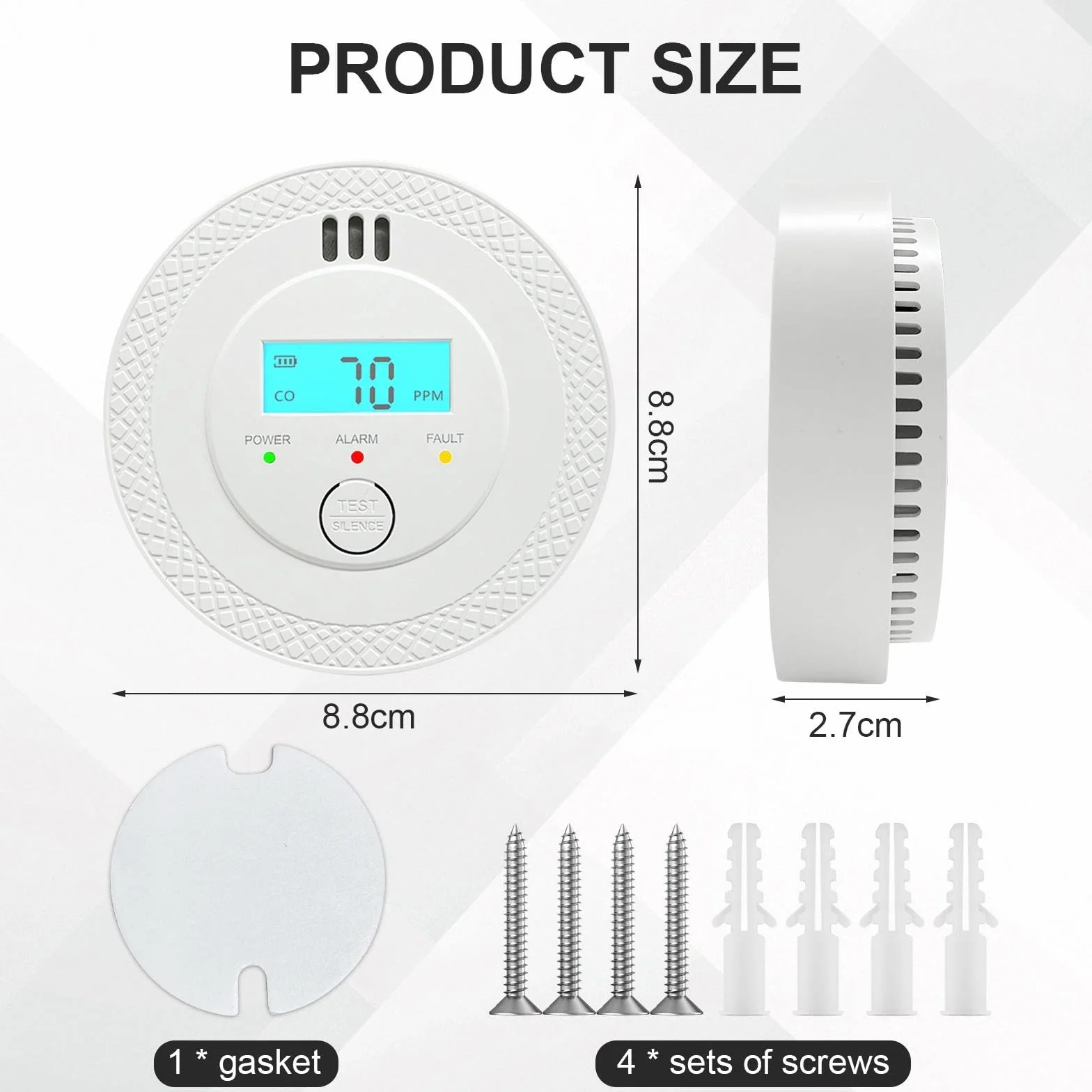 Detector de Monóxido de Carbono, Alarma 85dB, Detector CO con Pantalla LCD, Sensor Electroquímico, Batería, Cumple UL2034, para Hogar/Cocina/Viajes