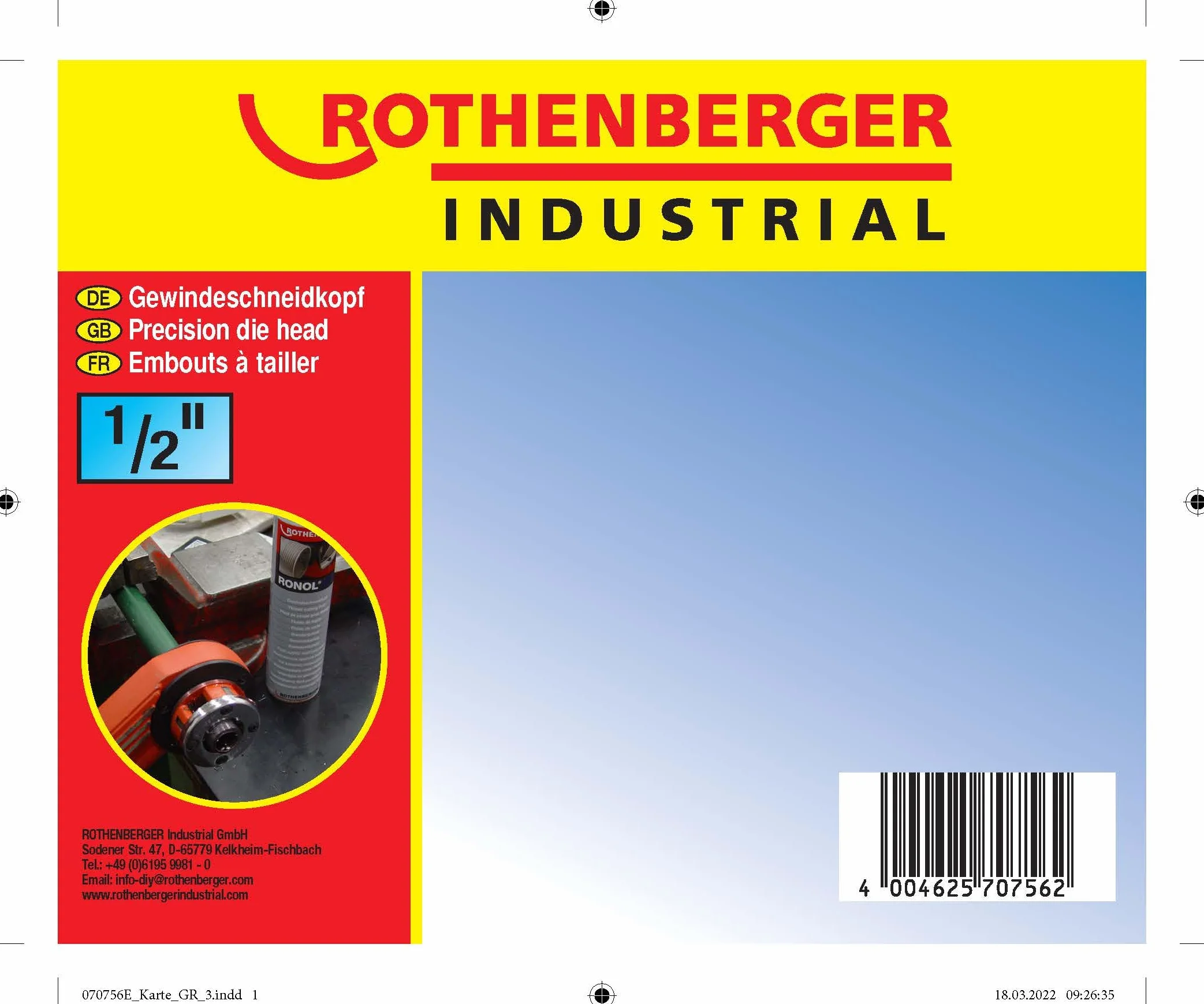 ROTHENBERGER Cabezal de corte de rosca industrial Ø 1/2" para roscas cónicas 070756E