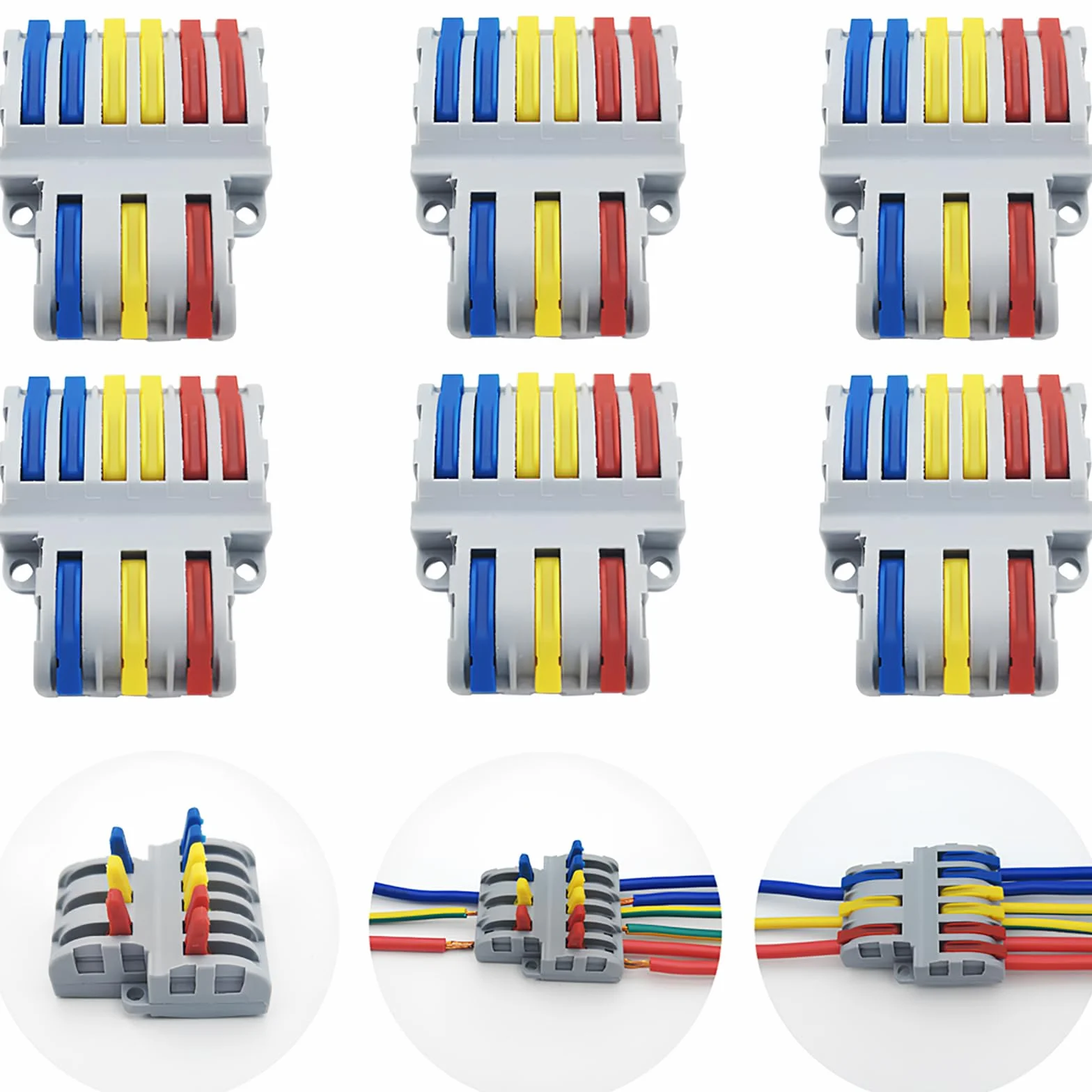 CESFONJER 6 pcs SPL-63 Conectores Electricos, Conector Eléctrico Rapido, 3 en 6 fuera biateral conector conductor compacto, Con tornillos de montaje