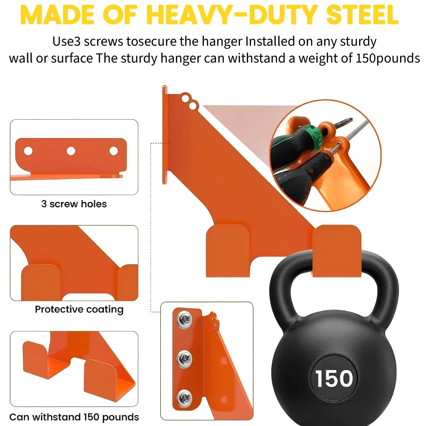 Soporte de pared para motosierra (juego de 2) – Soporte de hierro resistente hasta 68 kg, con protección de goma para asas, montaje horizontal/vertical, para garaje y taller (naranja)