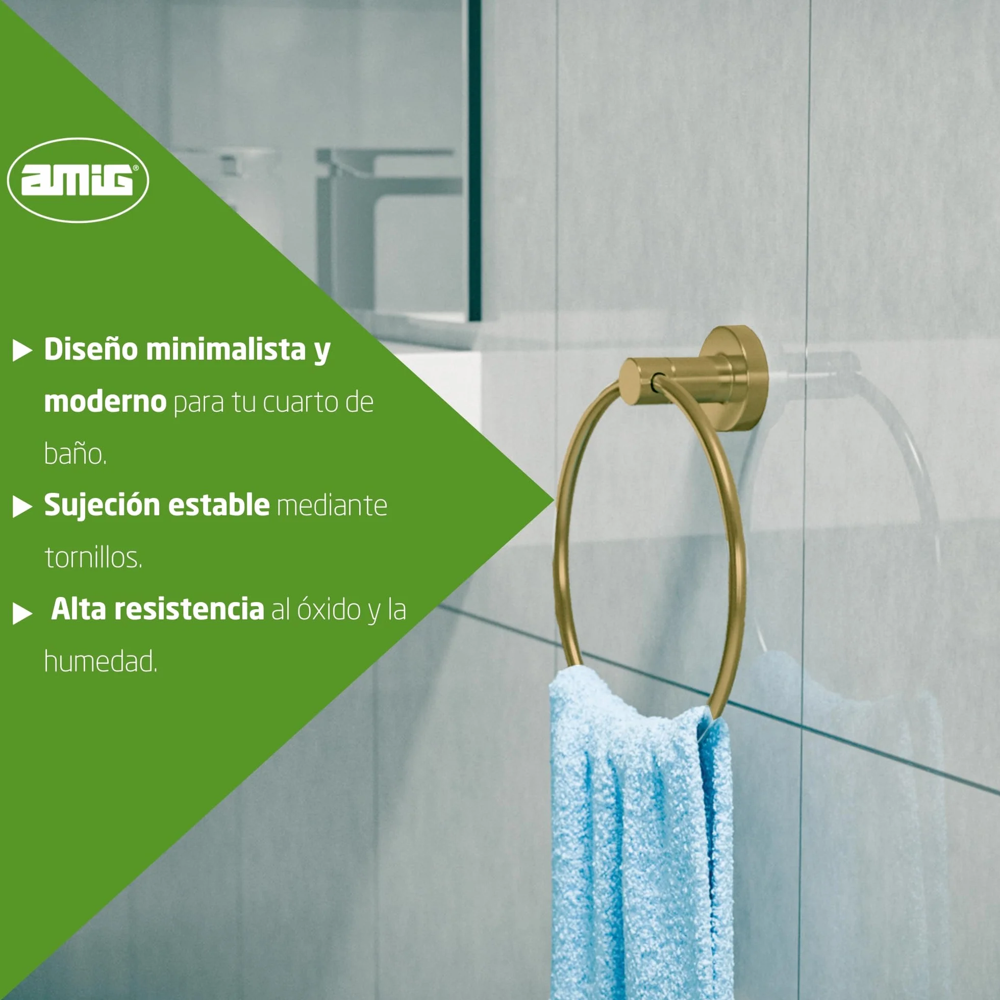 Amig Toallero de Baño Mod. Gorliz-3 Soporte de Pared Acero Inoxidable Oro Mate Ø155 x 52 mm